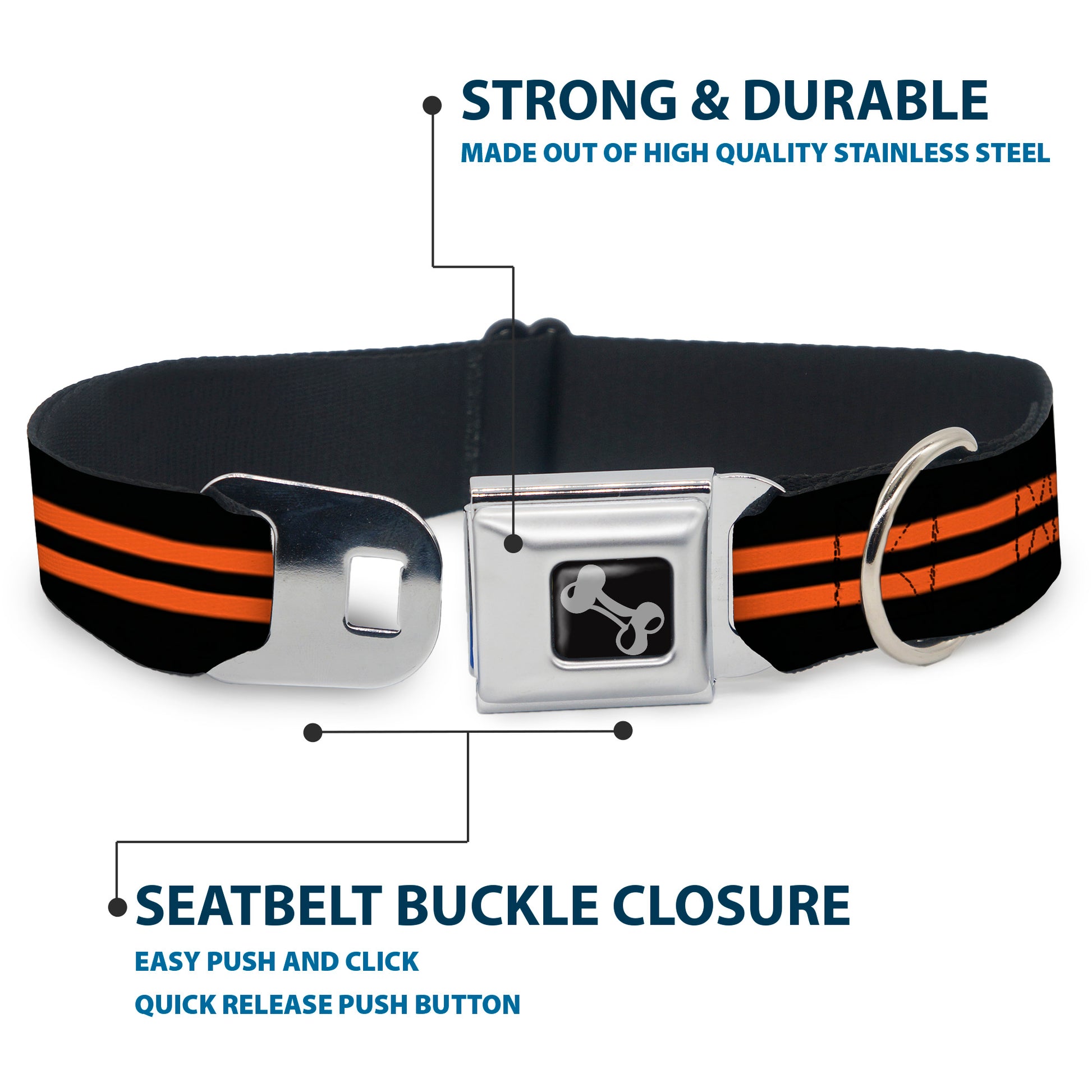 Dog Bone Seatbelt Buckle Collar - Stripe Black/Orange Seatbelt Buckle Collars Buckle-Down