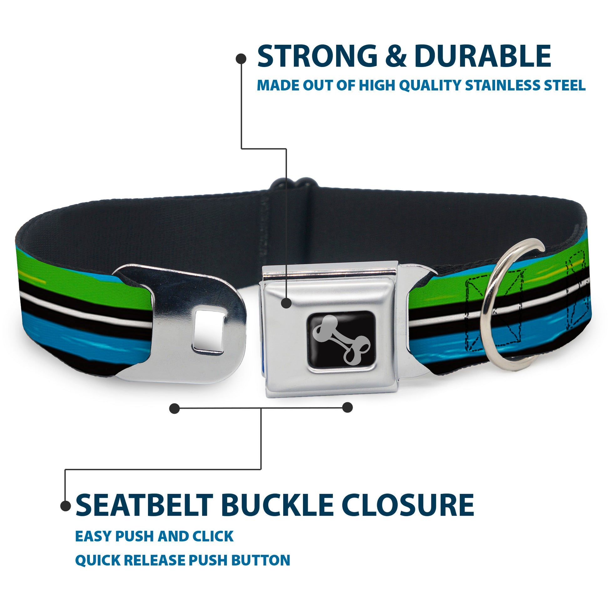 Dog Bone Seatbelt Buckle Collar - Scribble Stripes Blue/Green/White Seatbelt Buckle Collars Buckle-Down