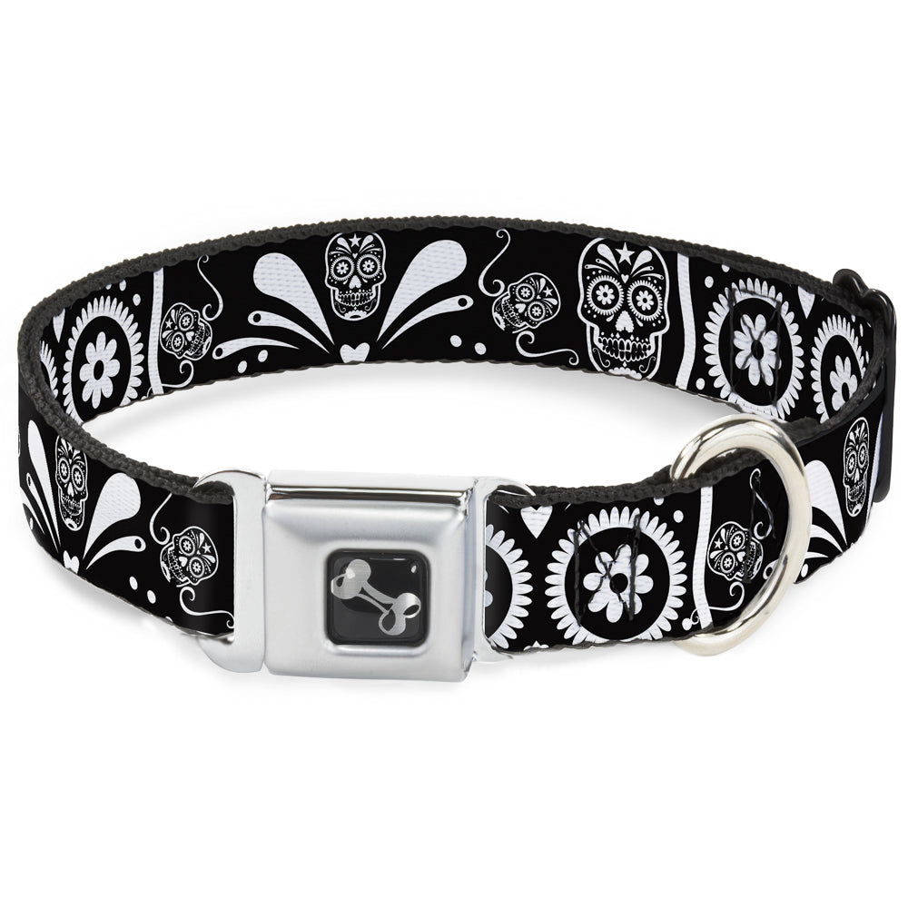 Dog Bone Seatbelt Buckle Collar - Sugar Skulls Black/White Seatbelt Buckle Collars Buckle-Down