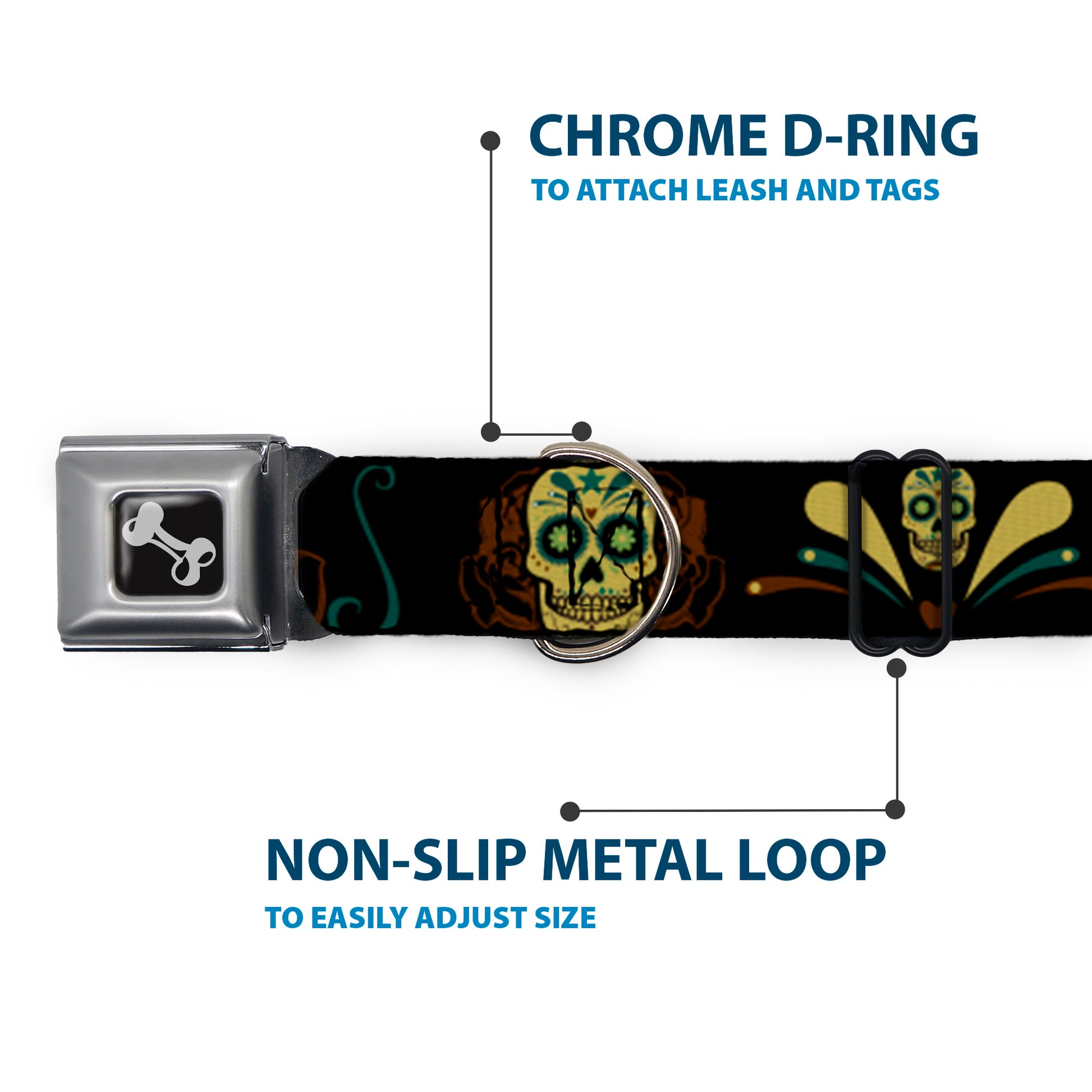 Dog Bone Seatbelt Buckle Collar - Sugar Skulls Black/Olive/Burgundy Seatbelt Buckle Collars Buckle-Down