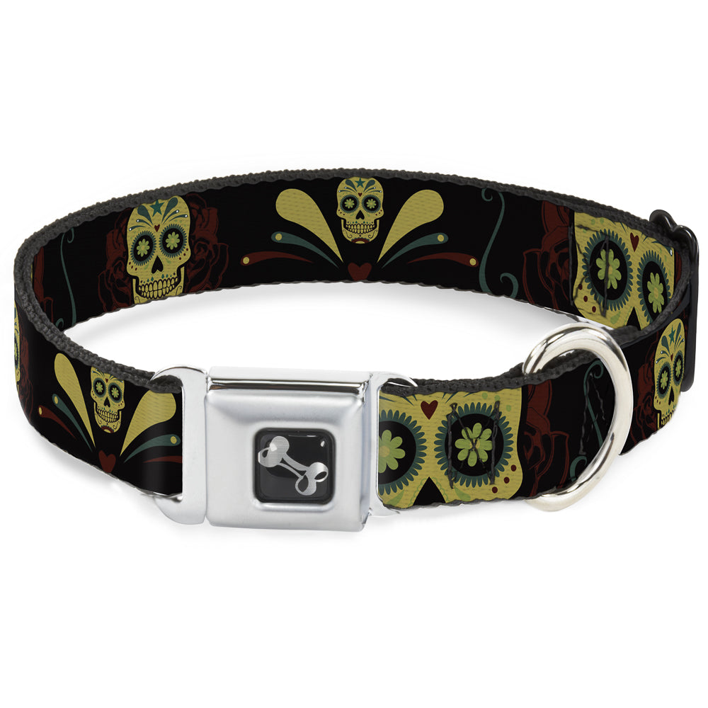 Dog Bone Seatbelt Buckle Collar - Sugar Skulls Black/Olive/Burgundy Seatbelt Buckle Collars Buckle-Down