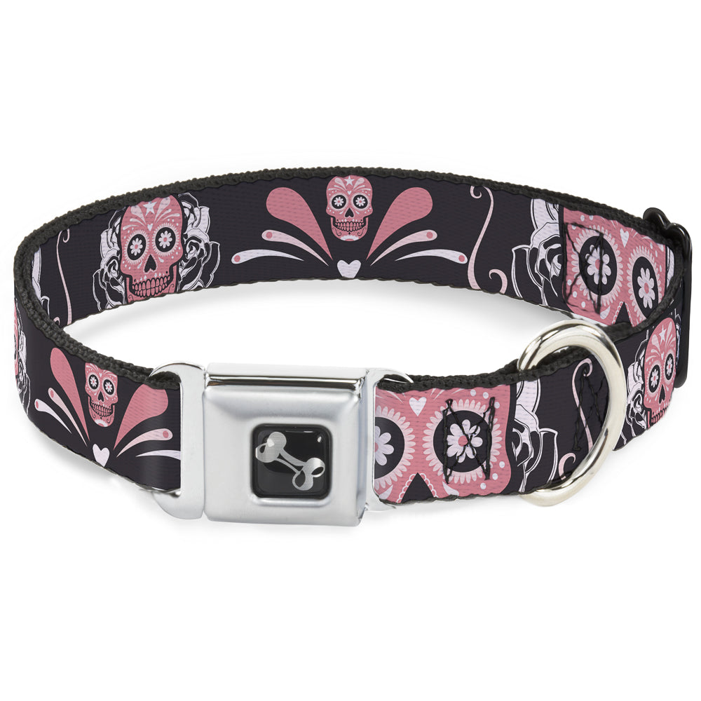 Dog Bone Seatbelt Buckle Collar - Sugar Skulls Gray/Pink Seatbelt Buckle Collars Buckle-Down
