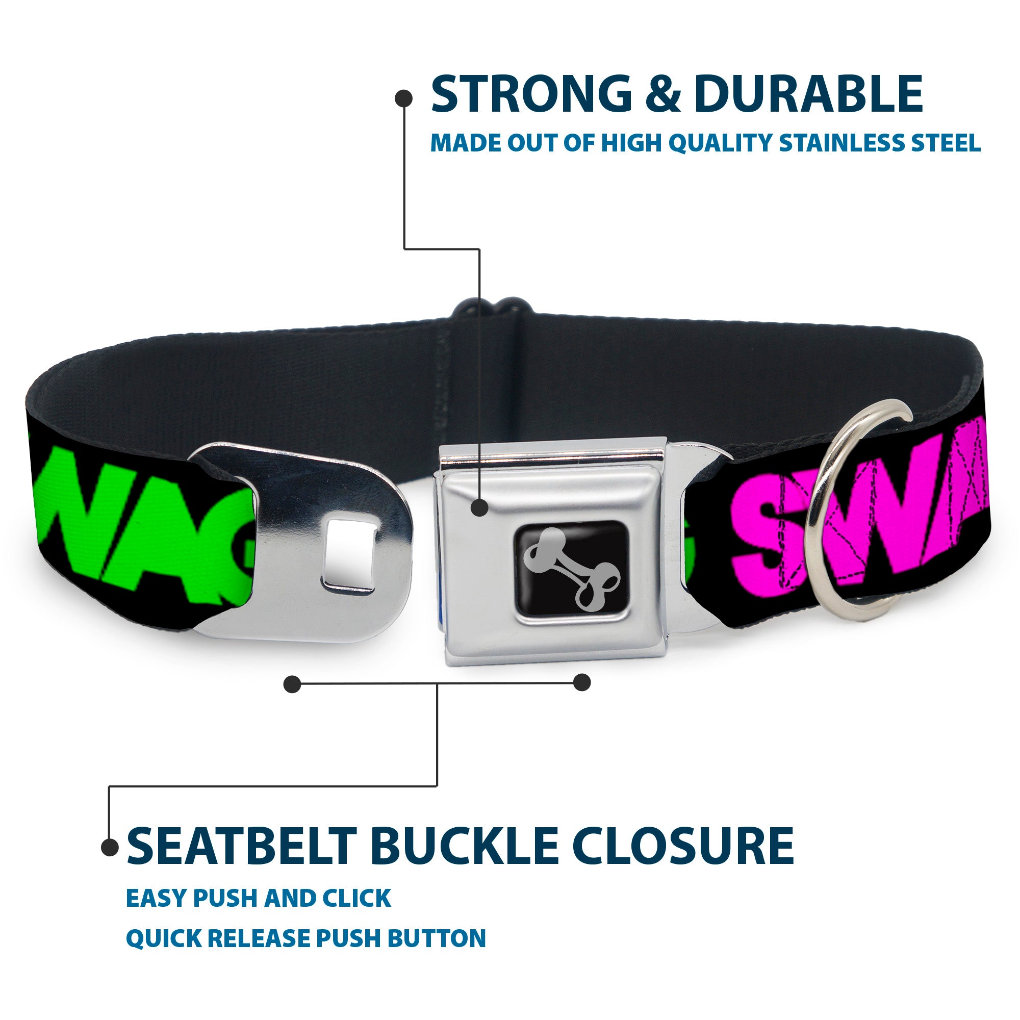 Dog Bone Seatbelt Buckle Collar - SWAGG Black/Hot Pink/Turquoise/Purple/Neon Green Seatbelt Buckle Collars Buckle-Down