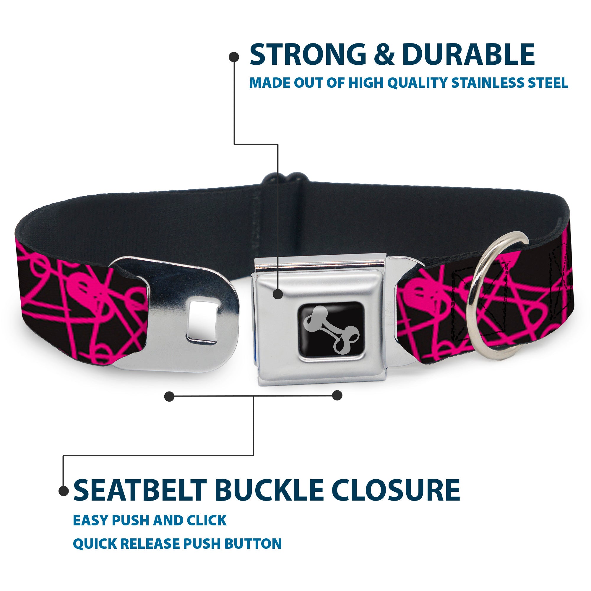 Dog Bone Seatbelt Buckle Collar - Safety Pins Black/Fuchsia Seatbelt Buckle Collars Buckle-Down