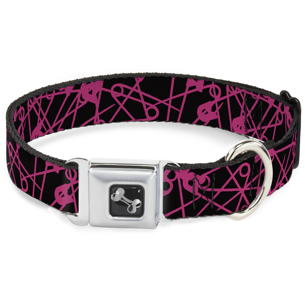 Dog Bone Seatbelt Buckle Collar - Safety Pins Black/Fuchsia Seatbelt Buckle Collars Buckle-Down