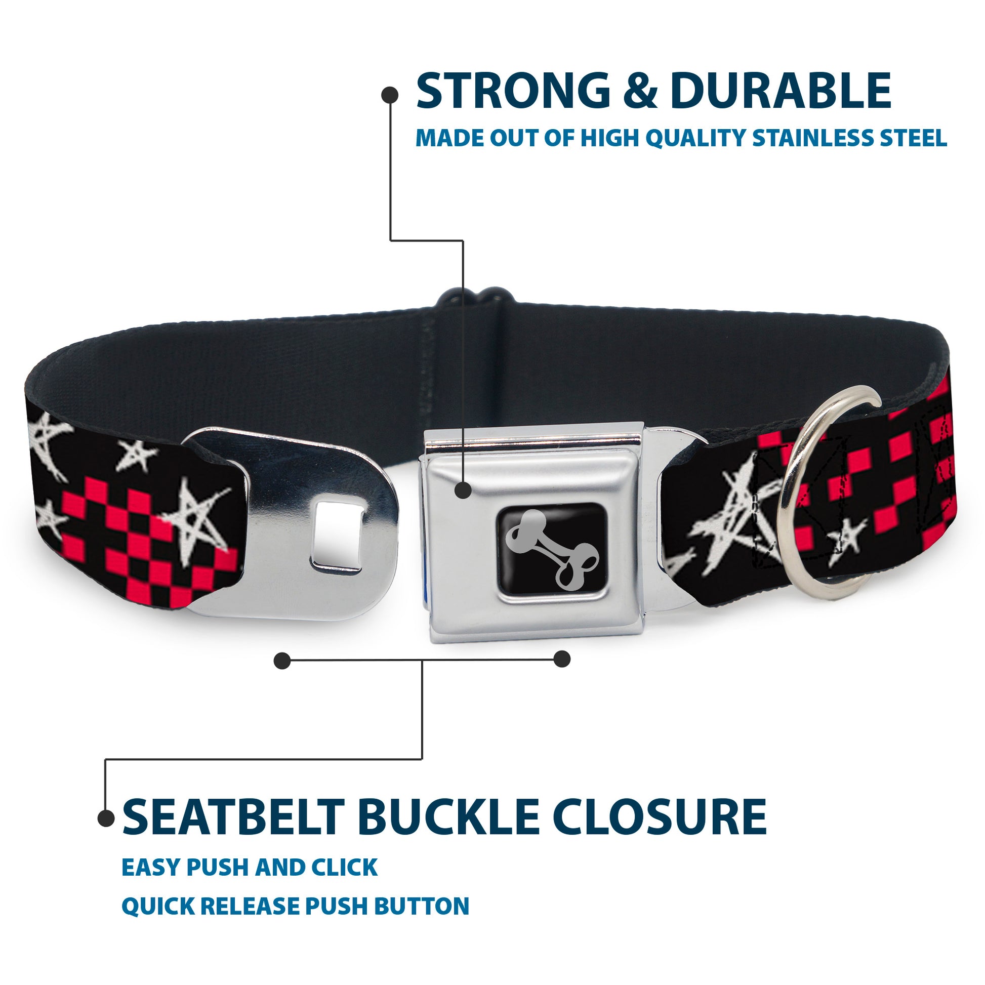 Dog Bone Seatbelt Buckle Collar - Sketch Stars w/Checkers Black/Fuchsia/White Seatbelt Buckle Collars Buckle-Down