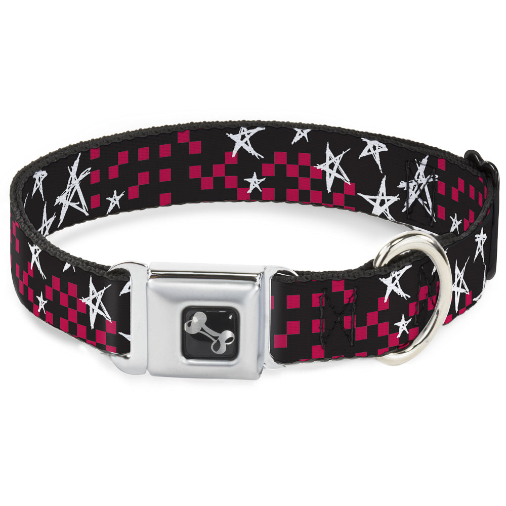 Dog Bone Seatbelt Buckle Collar - Sketch Stars w/Checkers Black/Fuchsia/White Seatbelt Buckle Collars Buckle-Down