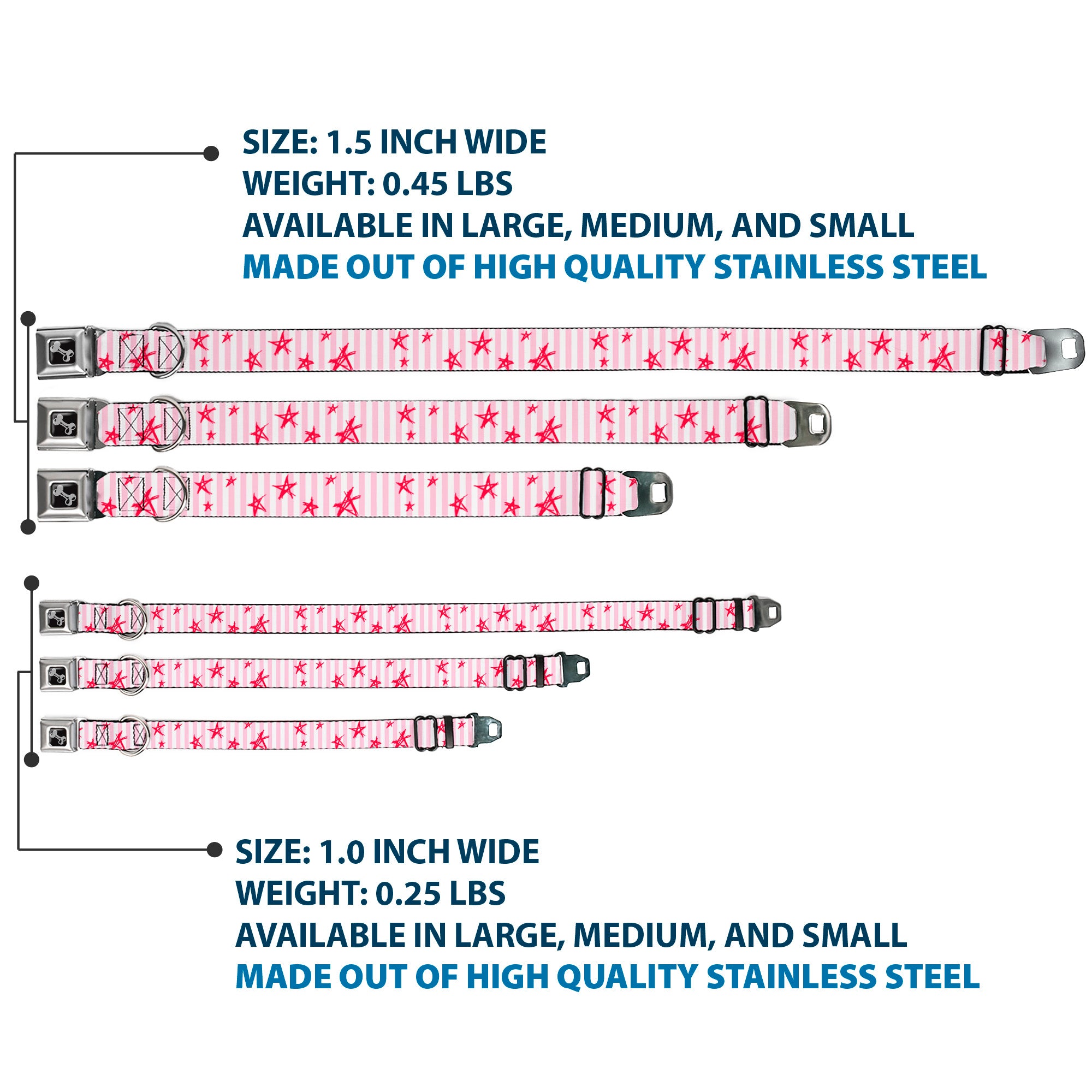 Dog Bone Seatbelt Buckle Collar - Sketch Stars w/Stripes Pink/White/Fuchsia Seatbelt Buckle Collars Buckle-Down