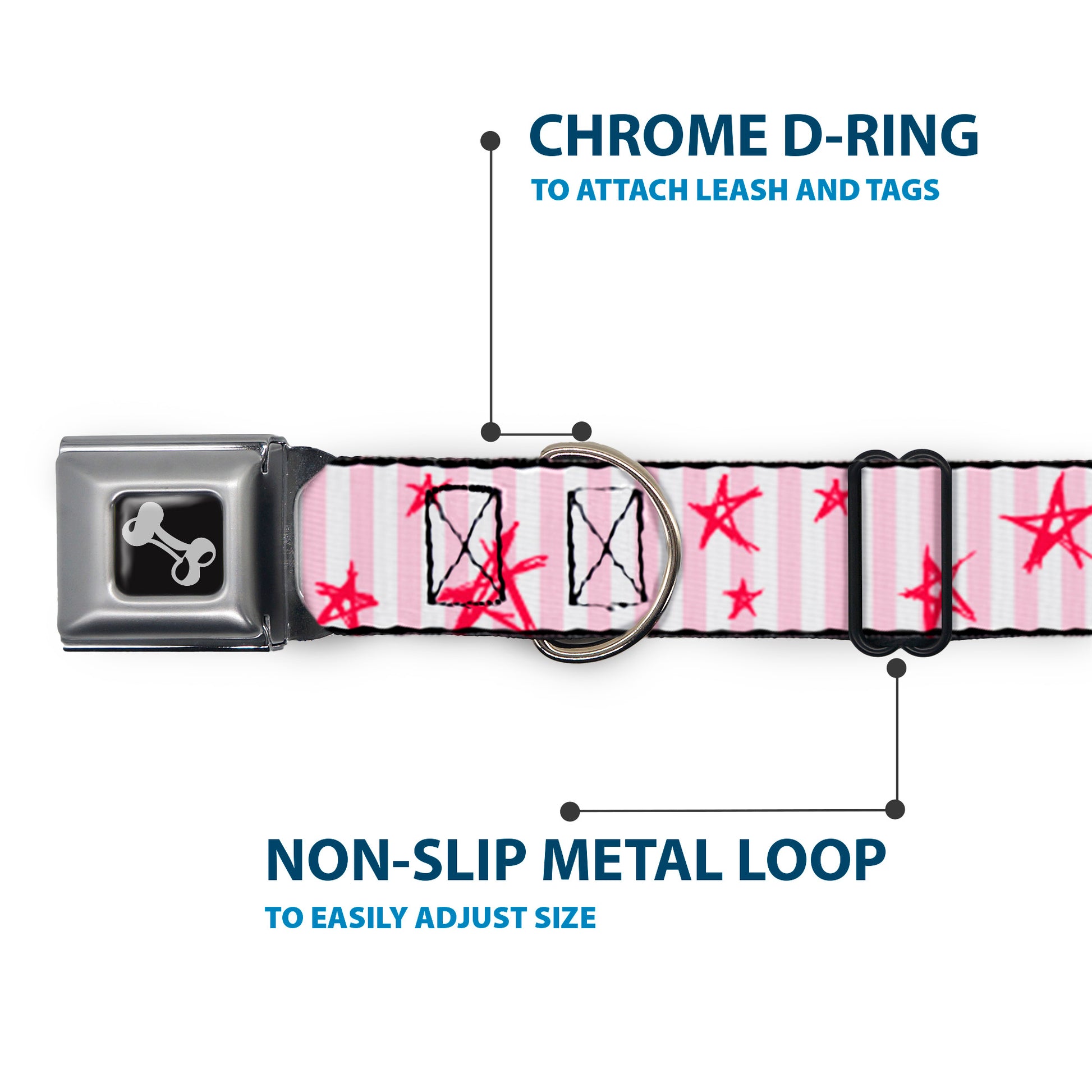 Dog Bone Seatbelt Buckle Collar - Sketch Stars w/Stripes Pink/White/Fuchsia Seatbelt Buckle Collars Buckle-Down