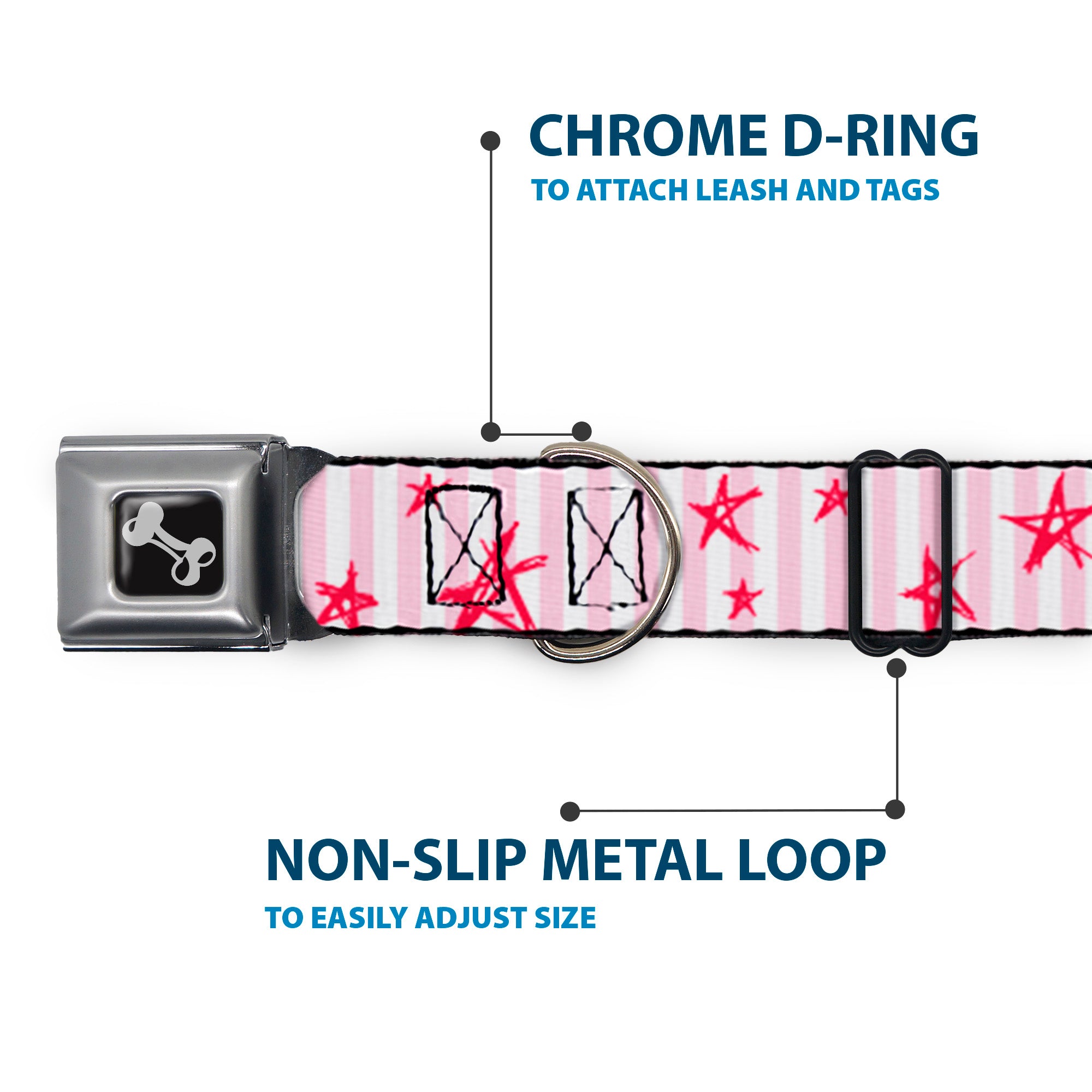 Dog Bone Seatbelt Buckle Collar - Sketch Stars w/Stripes Pink/White/Fuchsia Seatbelt Buckle Collars Buckle-Down