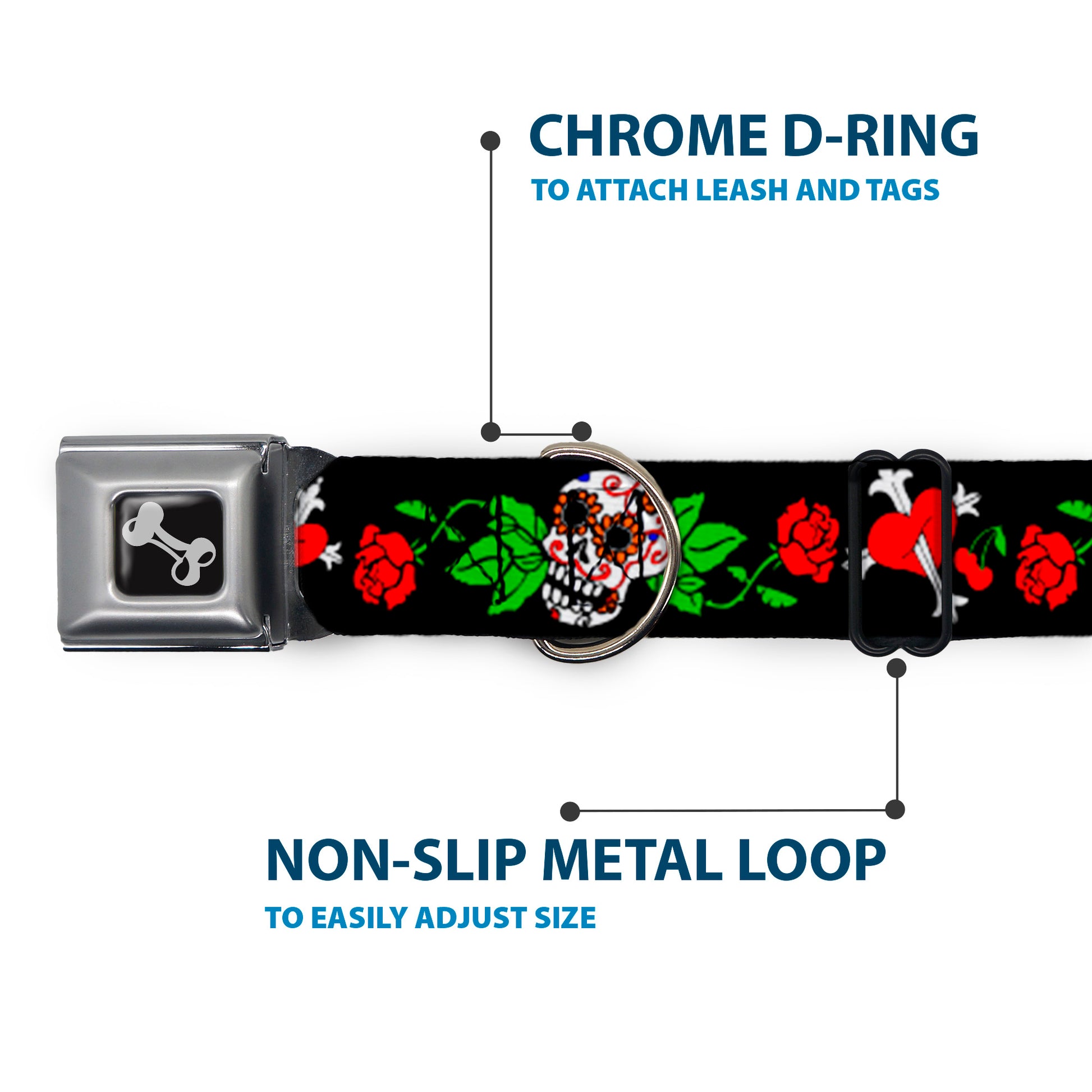 Dog Bone Seatbelt Buckle Collar - Sugar Skull w/Roses & Heart Seatbelt Buckle Collars Buckle-Down