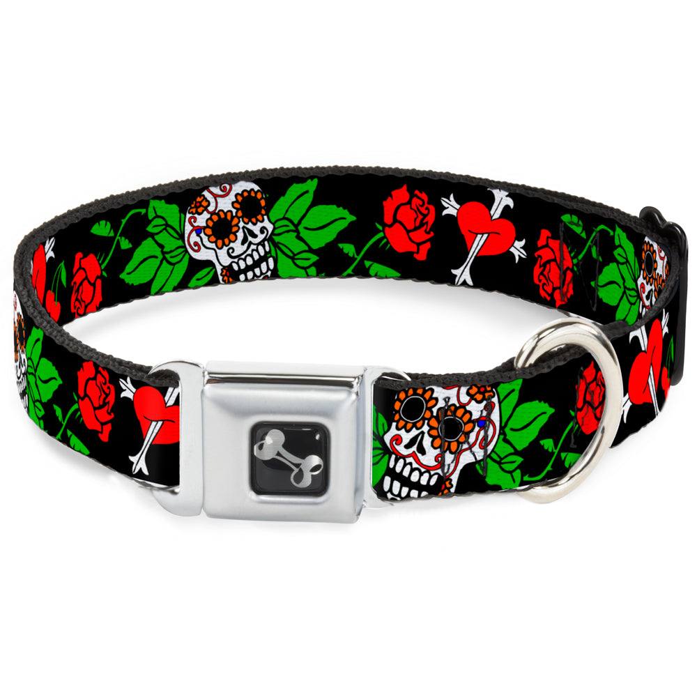 Dog Bone Seatbelt Buckle Collar - Sugar Skull w/Roses & Heart Seatbelt Buckle Collars Buckle-Down