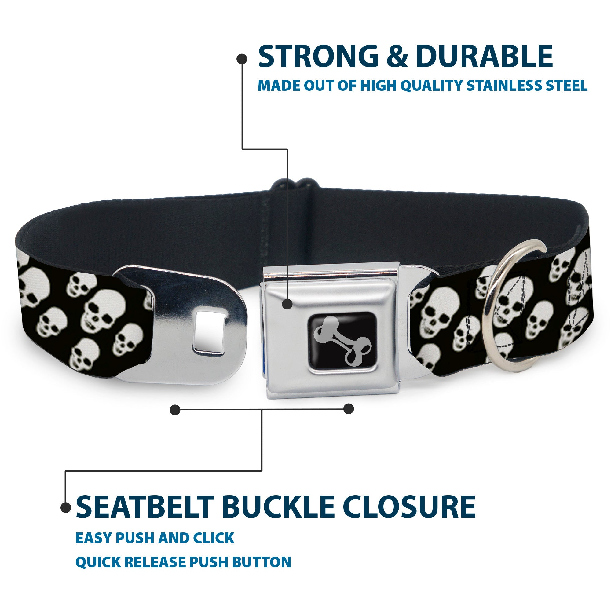 Dog Bone Seatbelt Buckle Collar - Tilted Skulls Black/White Seatbelt Buckle Collars Buckle-Down