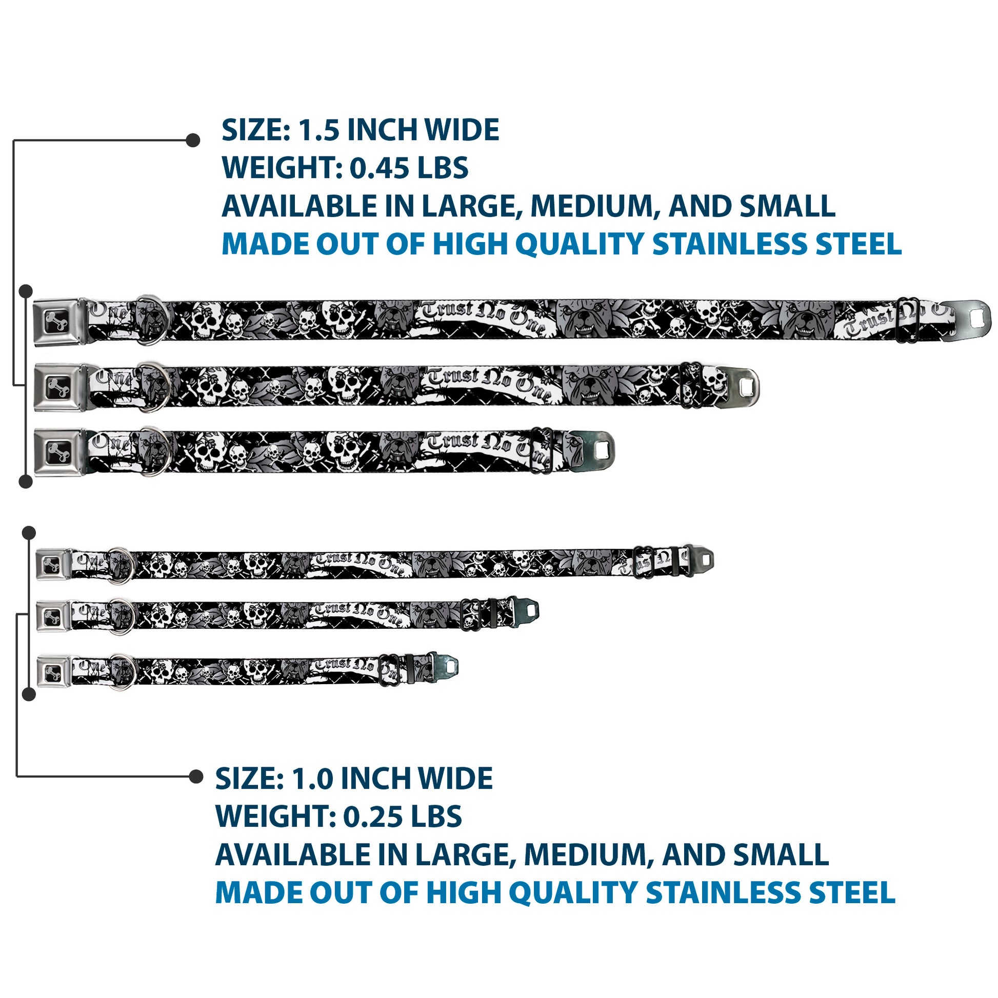 Dog Bone Seatbelt Buckle Collar - Trust No One Black/White Seatbelt Buckle Collars Buckle-Down