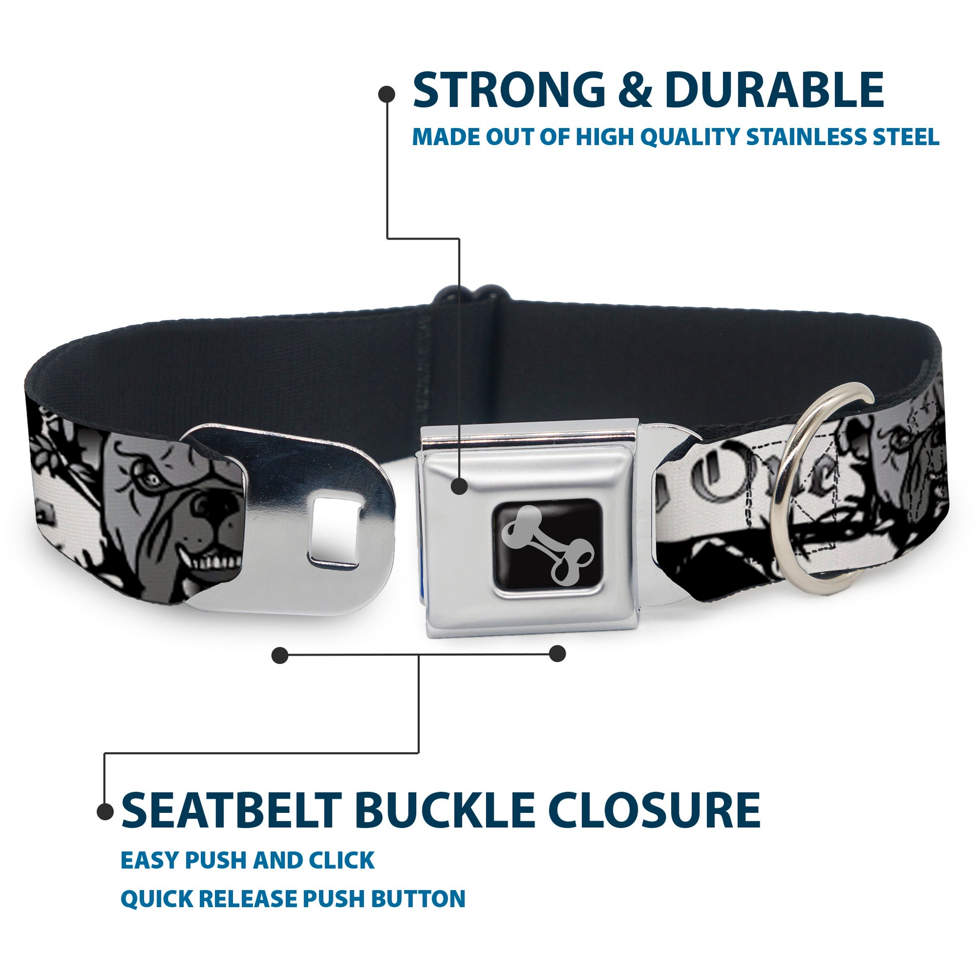 Dog Bone Seatbelt Buckle Collar - Trust No One Black/White Seatbelt Buckle Collars Buckle-Down