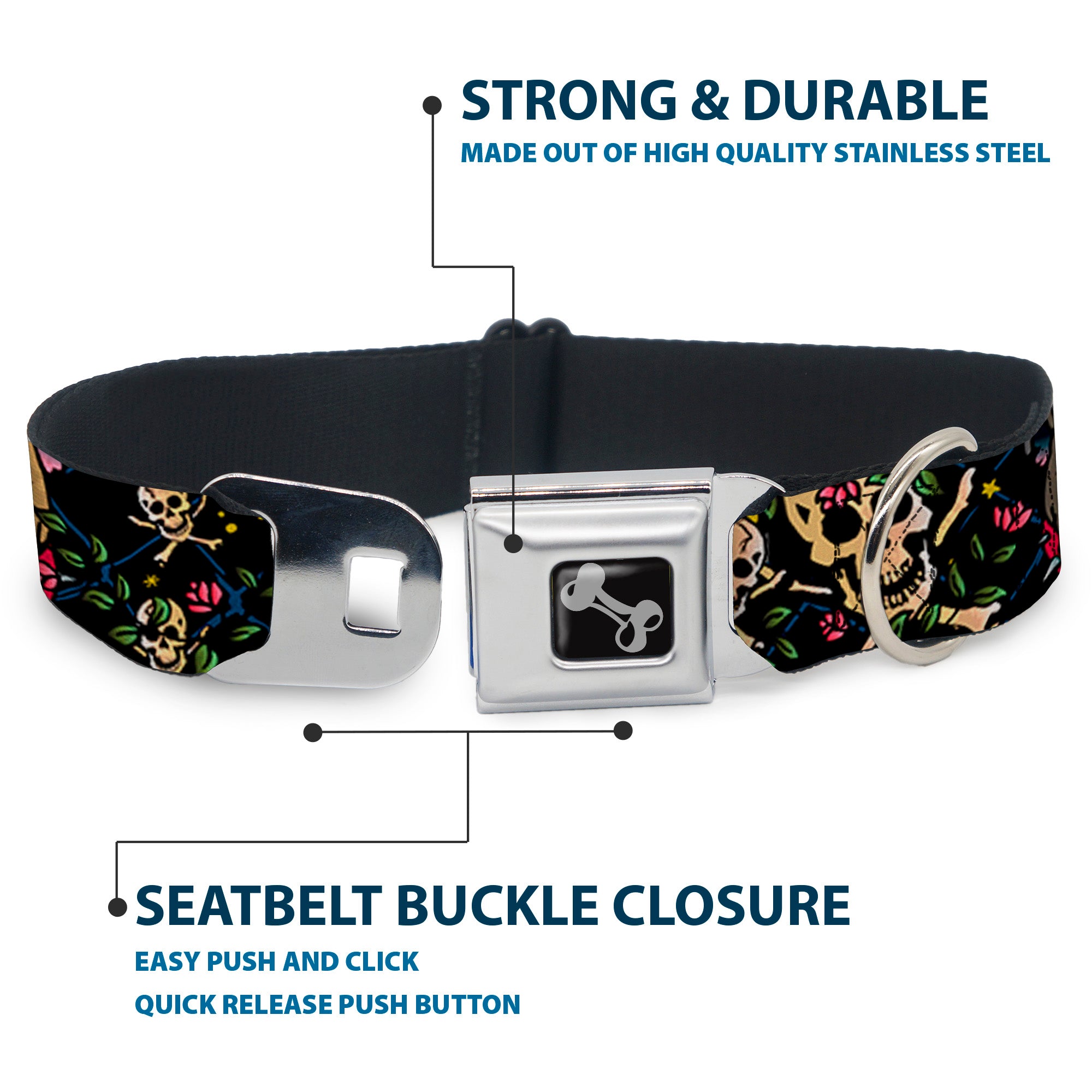Dog Bone Seatbelt Buckle Collar - Trust No One CLOSE-UP Black Seatbelt Buckle Collars Buckle-Down