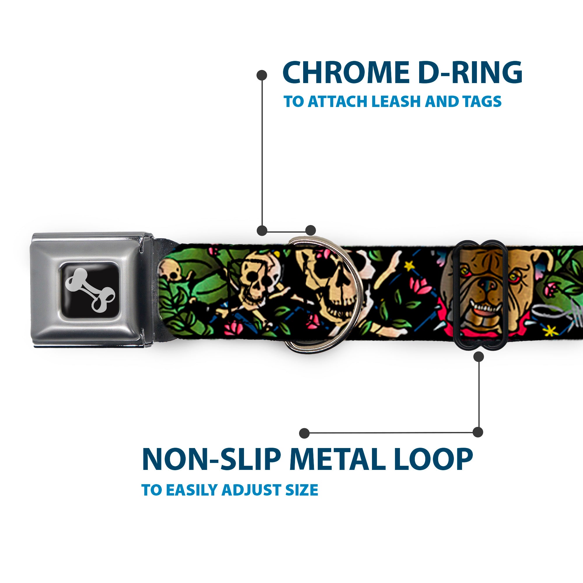 Dog Bone Seatbelt Buckle Collar - Trust No One CLOSE-UP Black Seatbelt Buckle Collars Buckle-Down