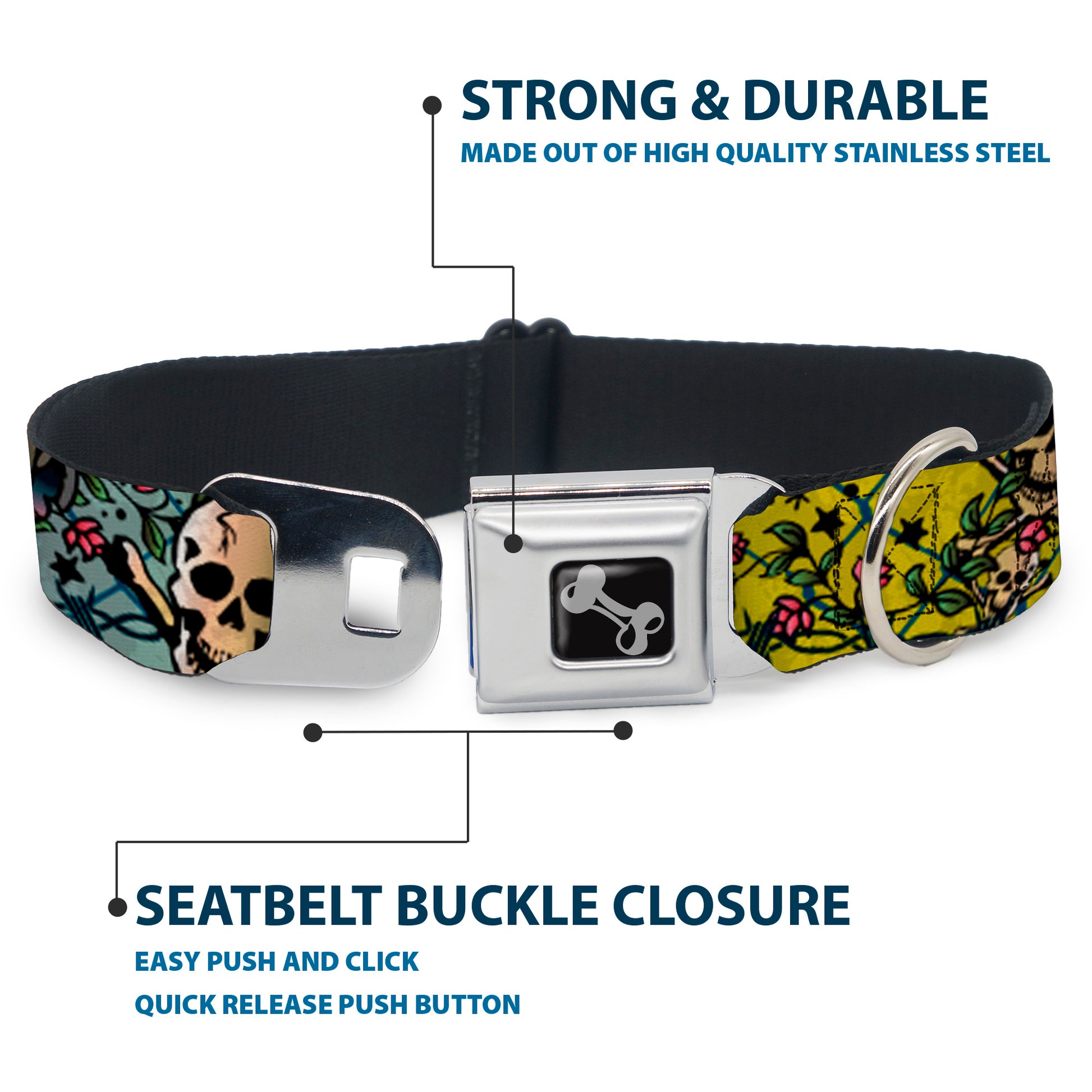 Dog Bone Seatbelt Buckle Collar - Trust No One CLOSE-UP Yellow/Green/Blue-S Seatbelt Buckle Collars Buckle-Down