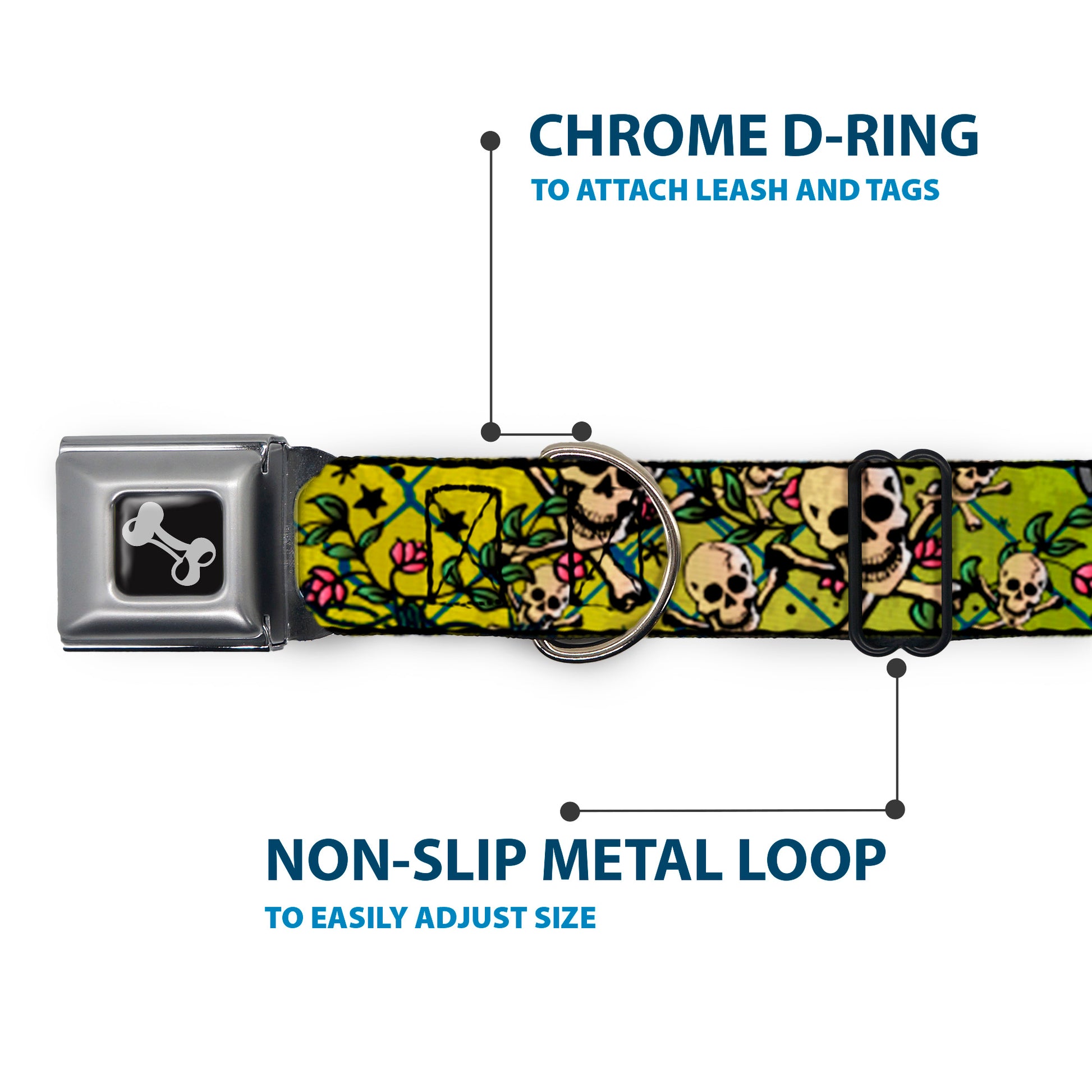 Dog Bone Seatbelt Buckle Collar - Trust No One CLOSE-UP Yellow/Green/Blue-S Seatbelt Buckle Collars Buckle-Down