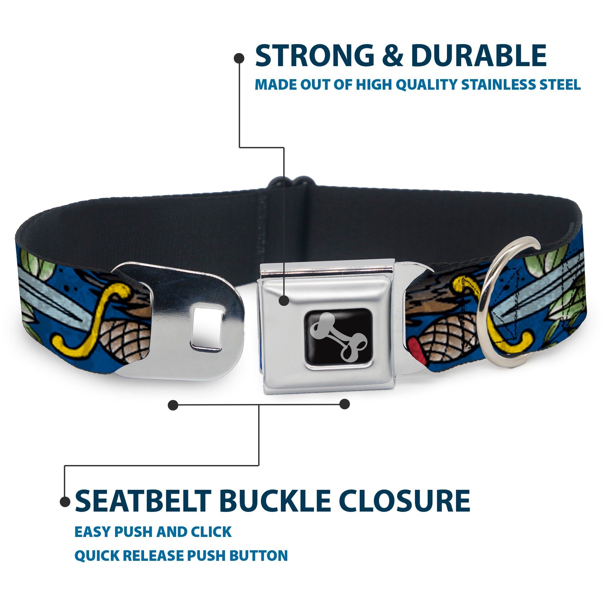 Dog Bone Seatbelt Buckle Collar - Truth and Justice CLOSE-UP Blue Seatbelt Buckle Collars Buckle-Down