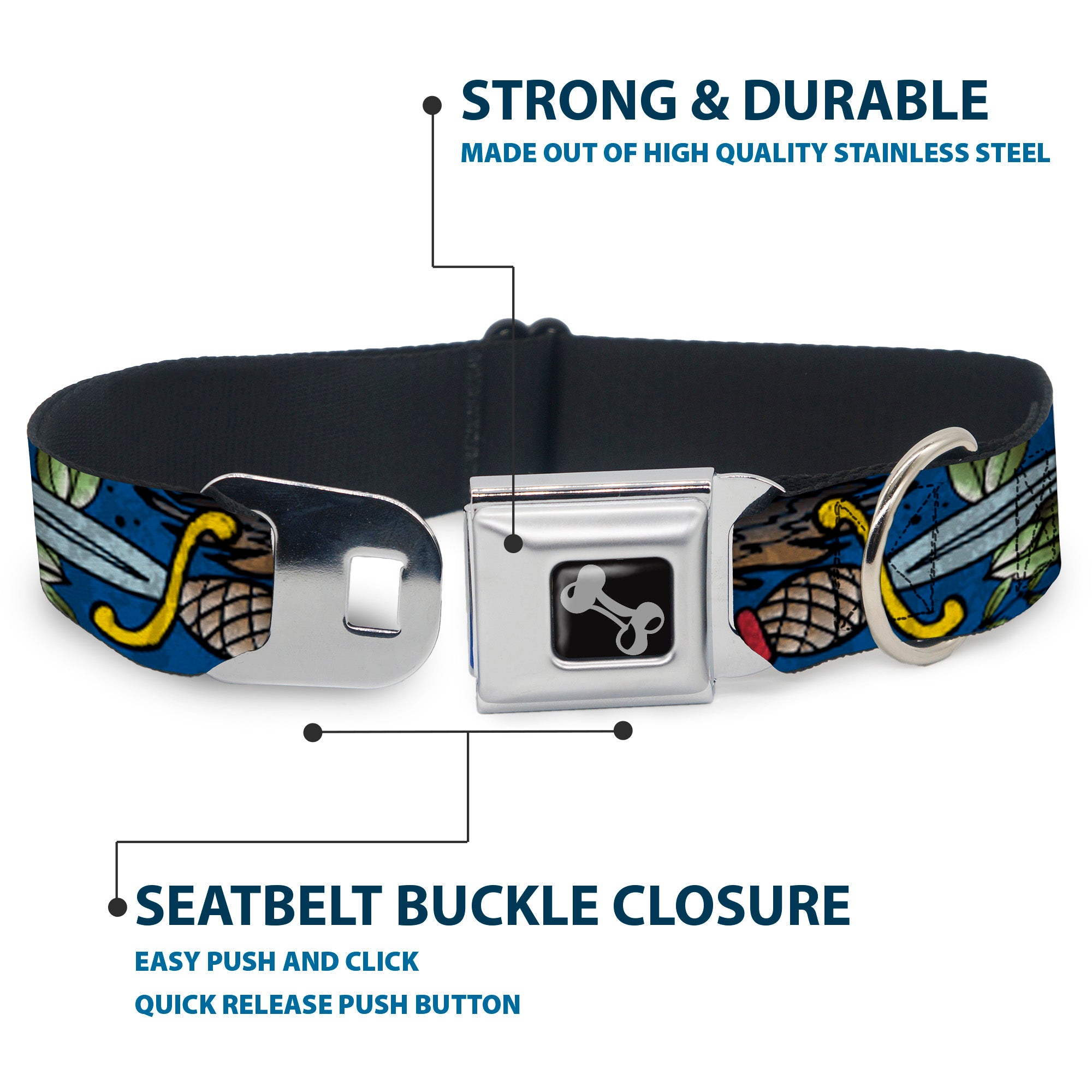 Dog Bone Seatbelt Buckle Collar - Truth and Justice CLOSE-UP Blue Seatbelt Buckle Collars Buckle-Down
