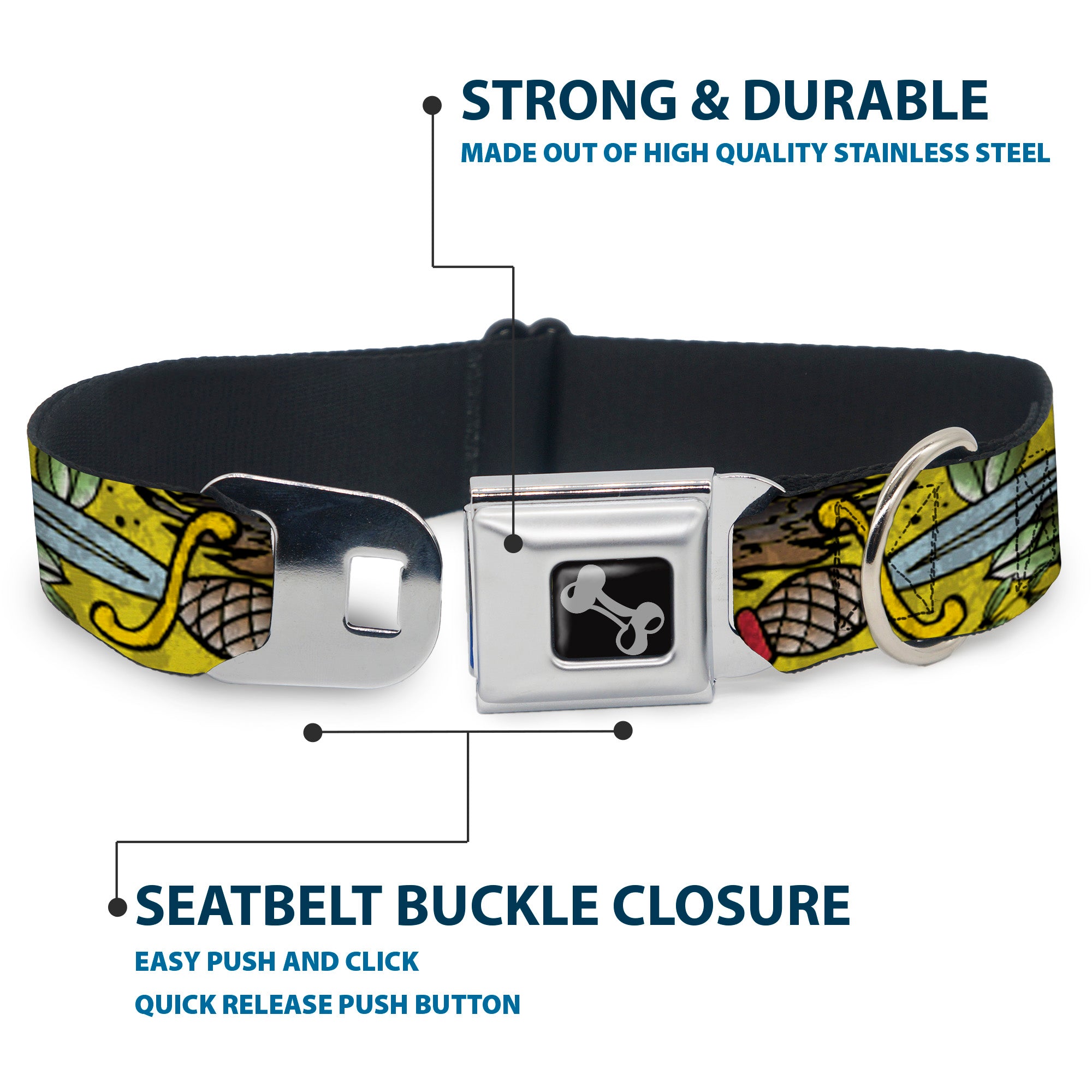 Dog Bone Seatbelt Buckle Collar - Truth and Justice CLOSE-UP Yellow Seatbelt Buckle Collars Buckle-Down