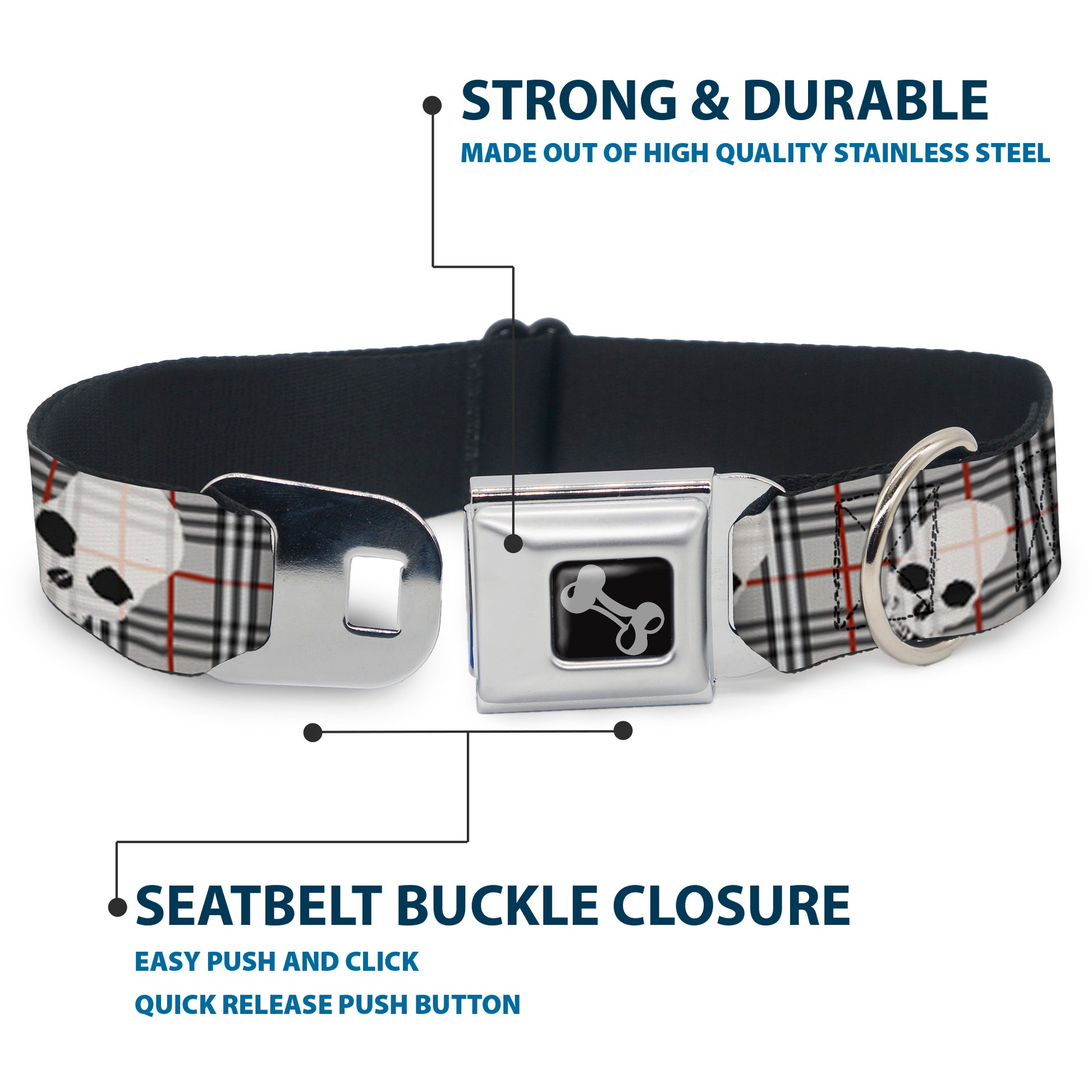 Dog Bone Seatbelt Buckle Collar - Tilted Skulls Plaid Gray Seatbelt Buckle Collars Buckle-Down