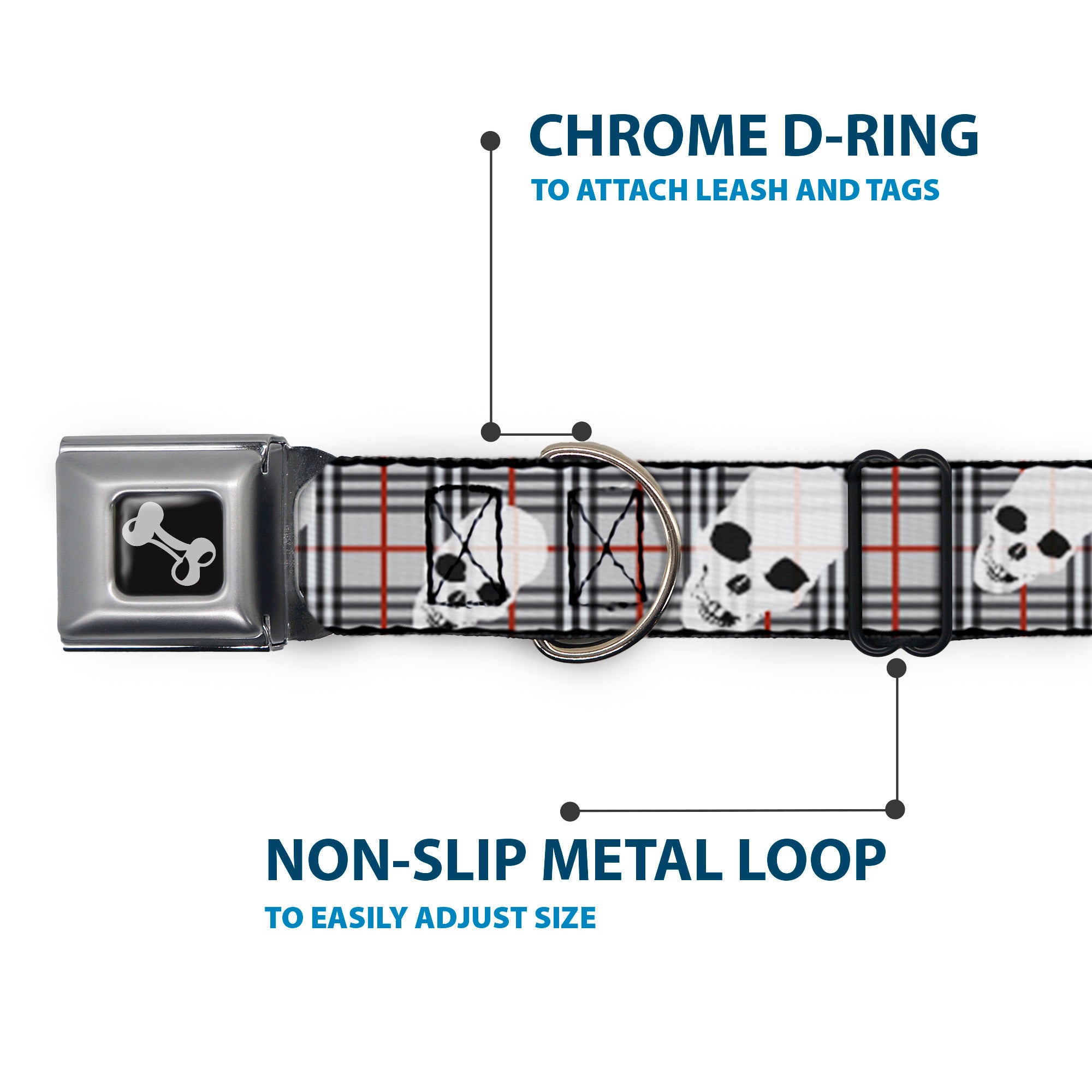 Dog Bone Seatbelt Buckle Collar - Tilted Skulls Plaid Gray Seatbelt Buckle Collars Buckle-Down