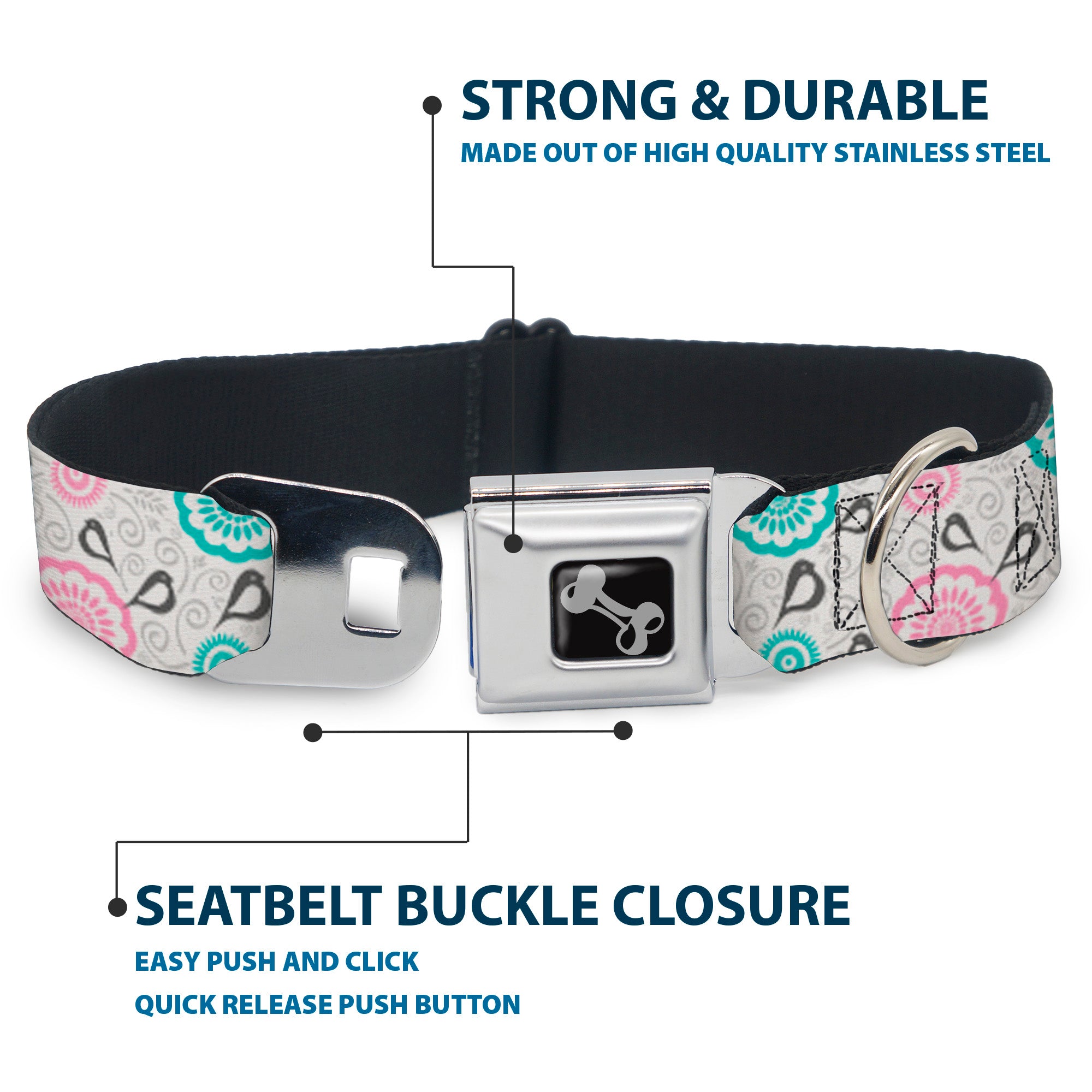 Dog Bone Seatbelt Buckle Collar - Bird Tapestry White/Gray/Turquoise/Pink Seatbelt Buckle Collars Buckle-Down