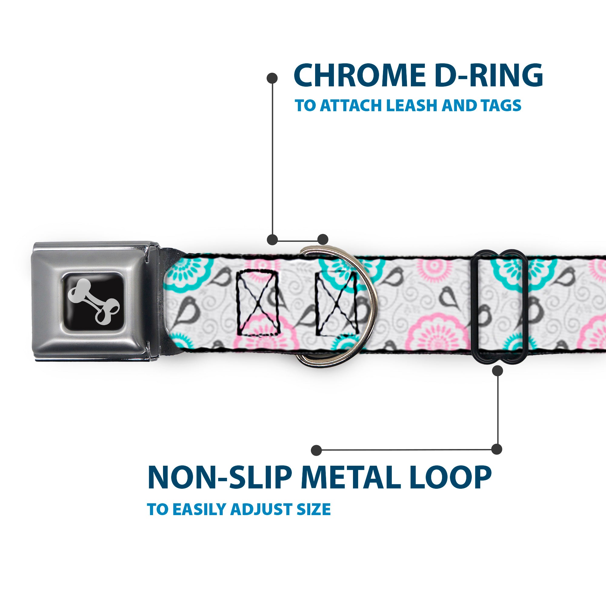 Dog Bone Seatbelt Buckle Collar - Bird Tapestry White/Gray/Turquoise/Pink Seatbelt Buckle Collars Buckle-Down