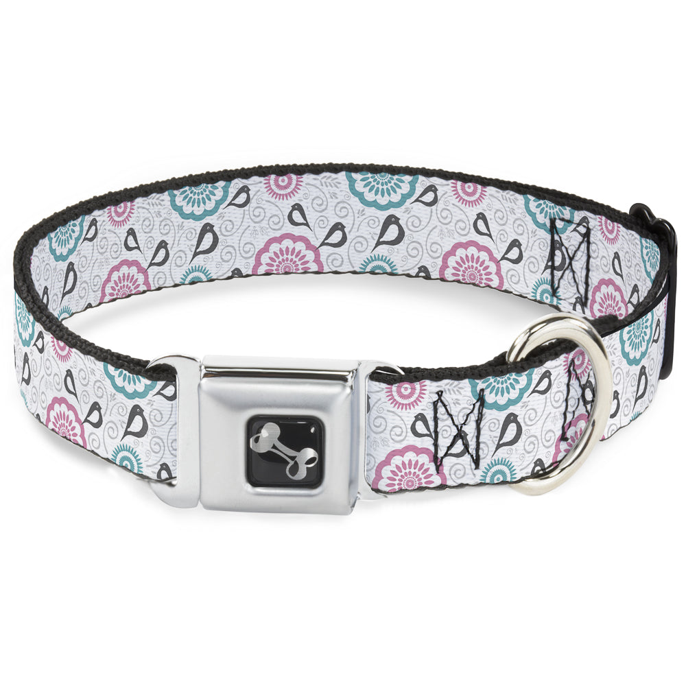 Dog Bone Seatbelt Buckle Collar - Bird Tapestry White/Gray/Turquoise/Pink Seatbelt Buckle Collars Buckle-Down