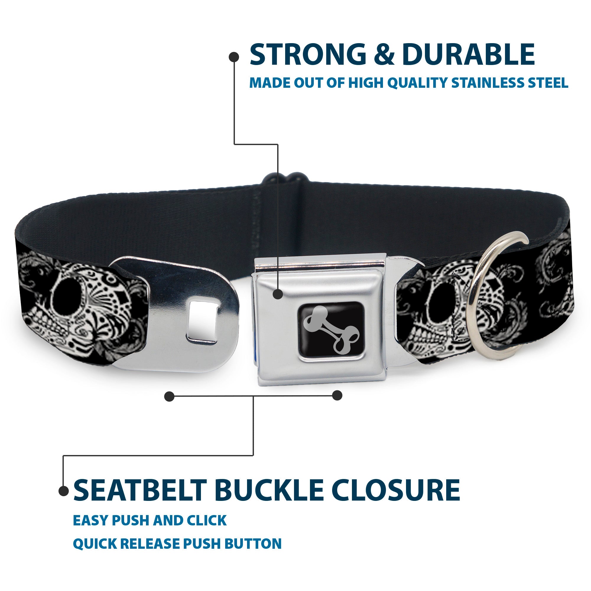 Dog Bone Seatbelt Buckle Collar - Tattoo Skull Floral Black/White Seatbelt Buckle Collars Buckle-Down