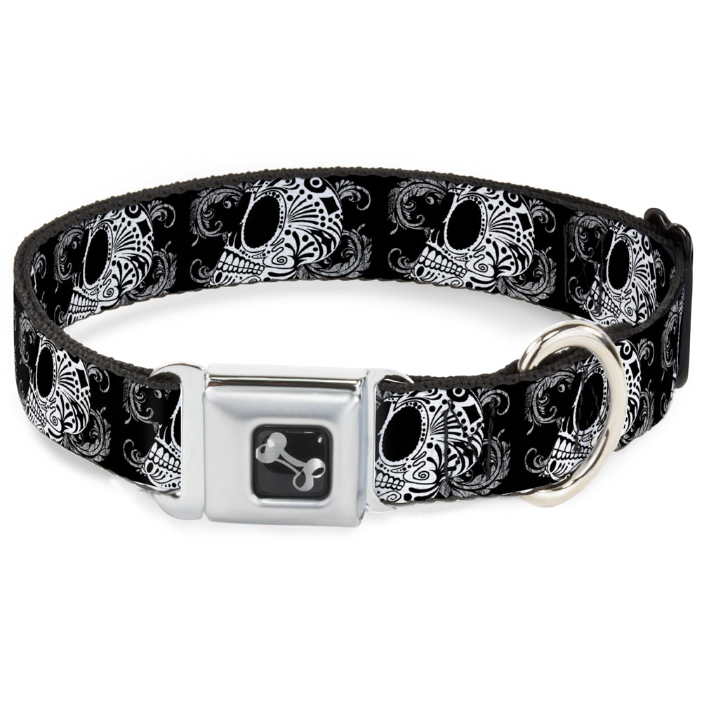 Dog Bone Seatbelt Buckle Collar - Tattoo Skull Floral Black/White Seatbelt Buckle Collars Buckle-Down