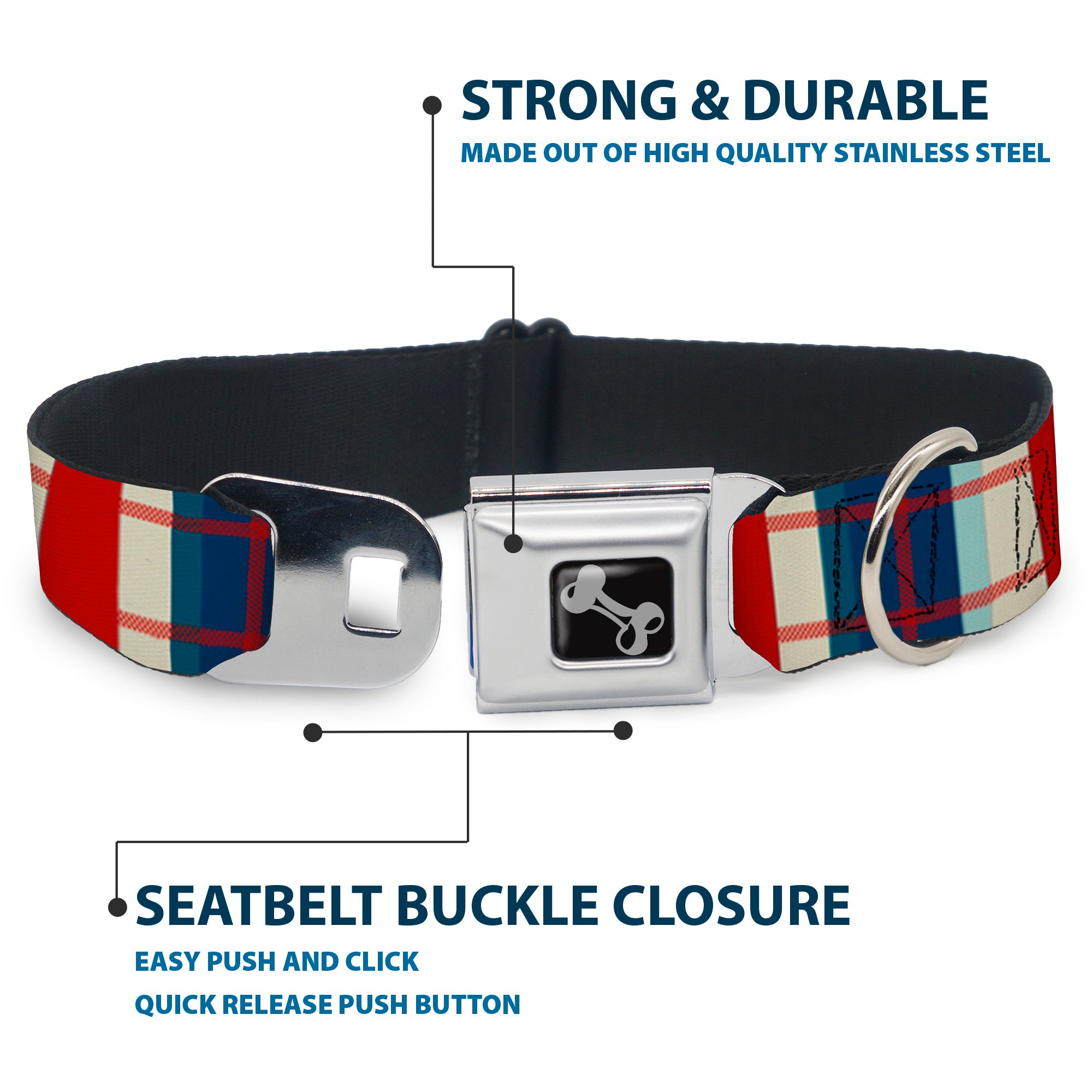 Dog Bone Seatbelt Buckle Collar - Tartan Plaid Khaki/Blues/Red Seatbelt Buckle Collars Buckle-Down