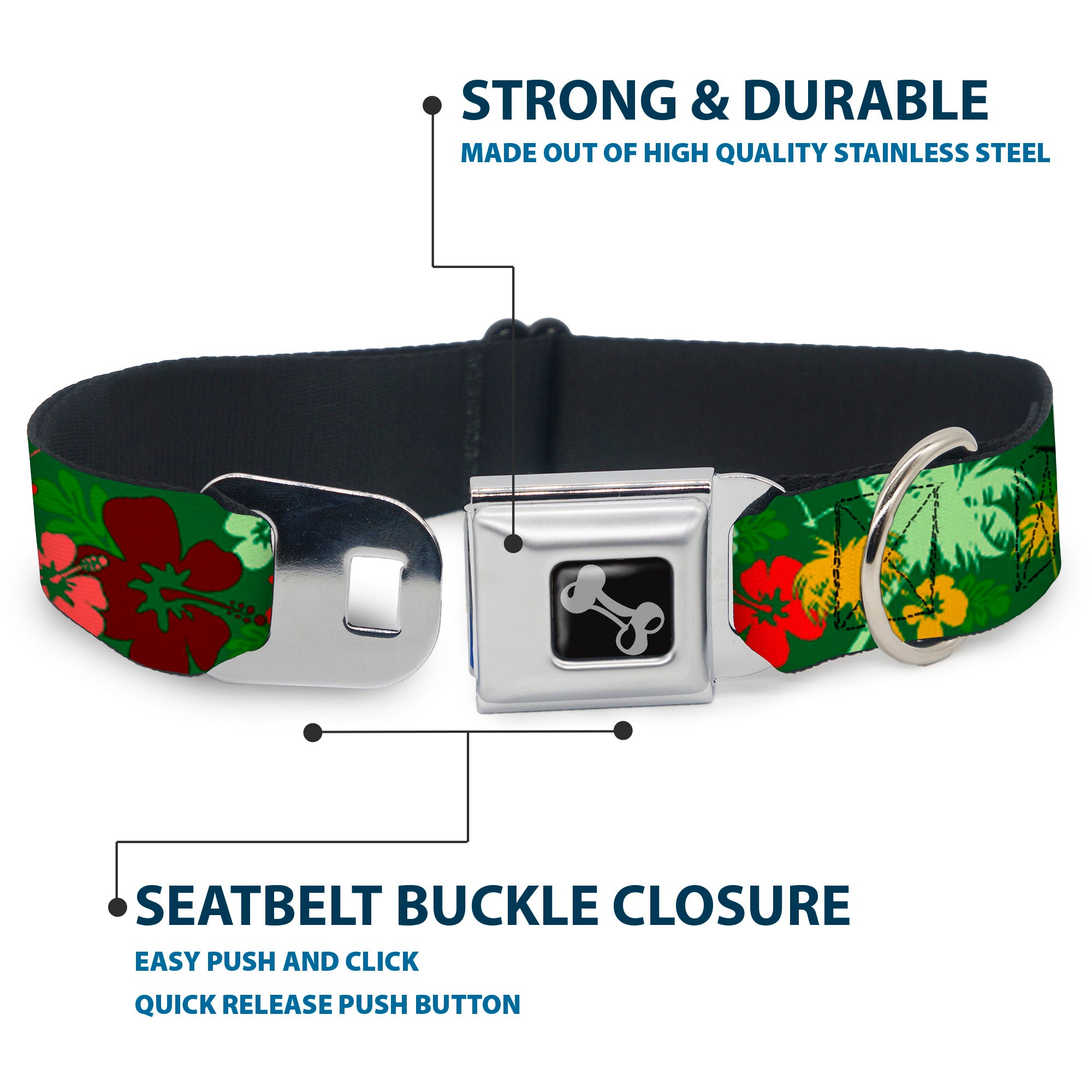 Dog Bone Seatbelt Buckle Collar - Tropical Flora Greens/Reds/Gold Seatbelt Buckle Collars Buckle-Down