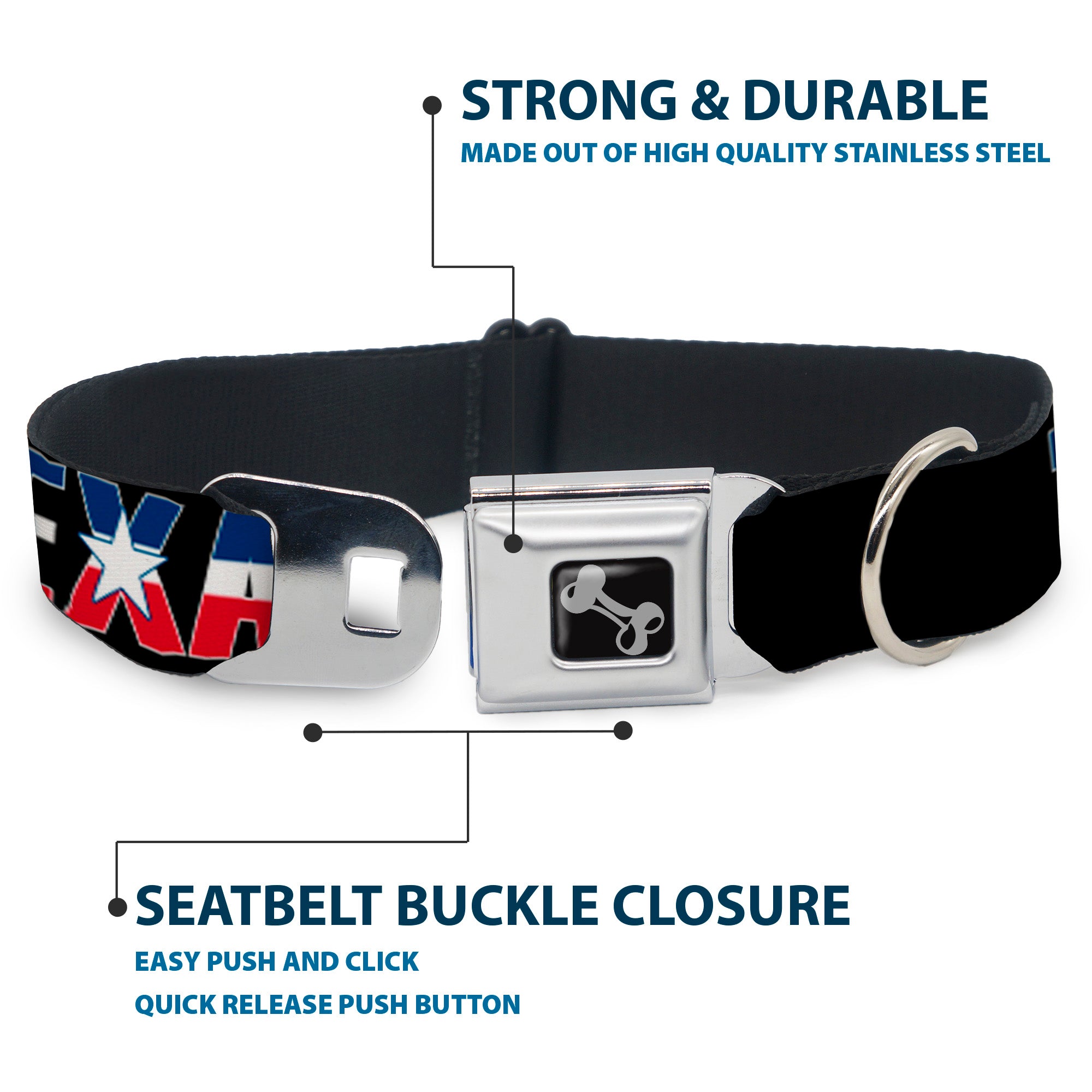Dog Bone Seatbelt Buckle Collar - TEXAS w/Star Black/White/Blue/Red Seatbelt Buckle Collars Buckle-Down