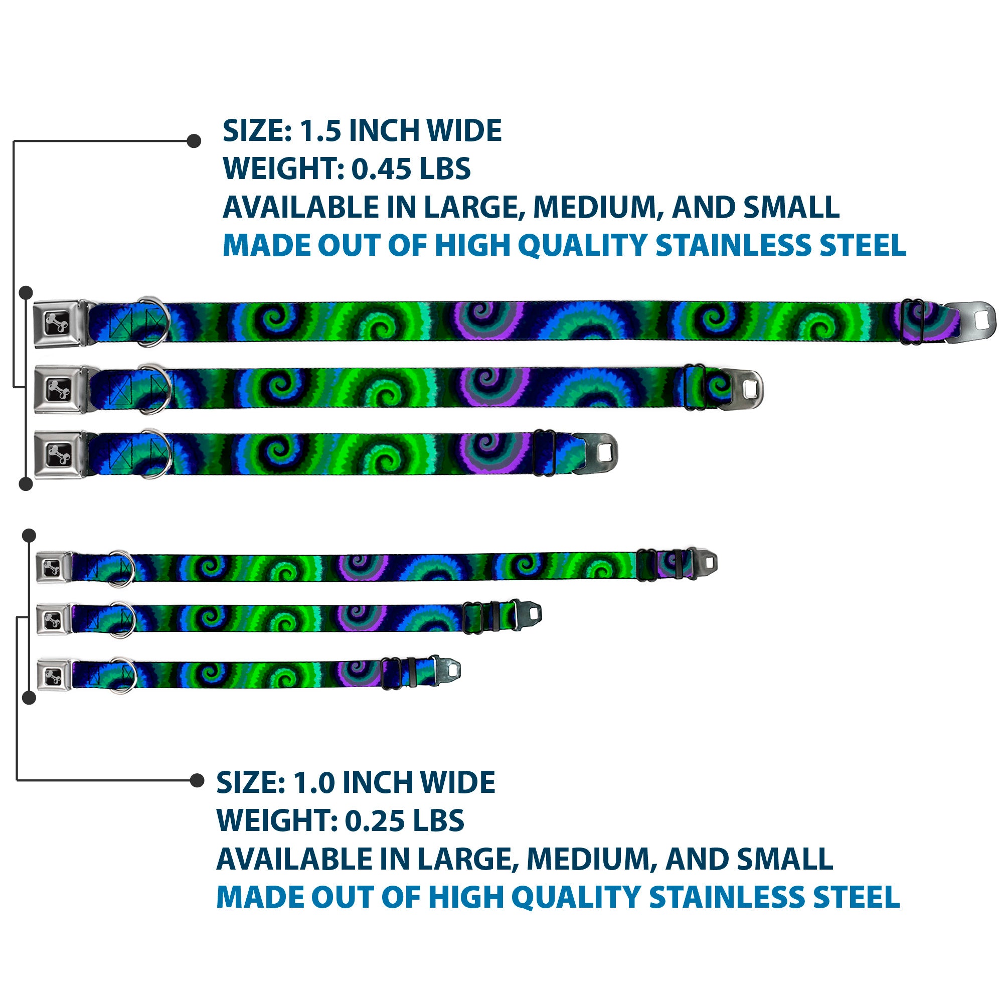 Dog Bone Seatbelt Buckle Collar - Tie Dye Swirl Green/Blue/Purple Seatbelt Buckle Collars Buckle-Down