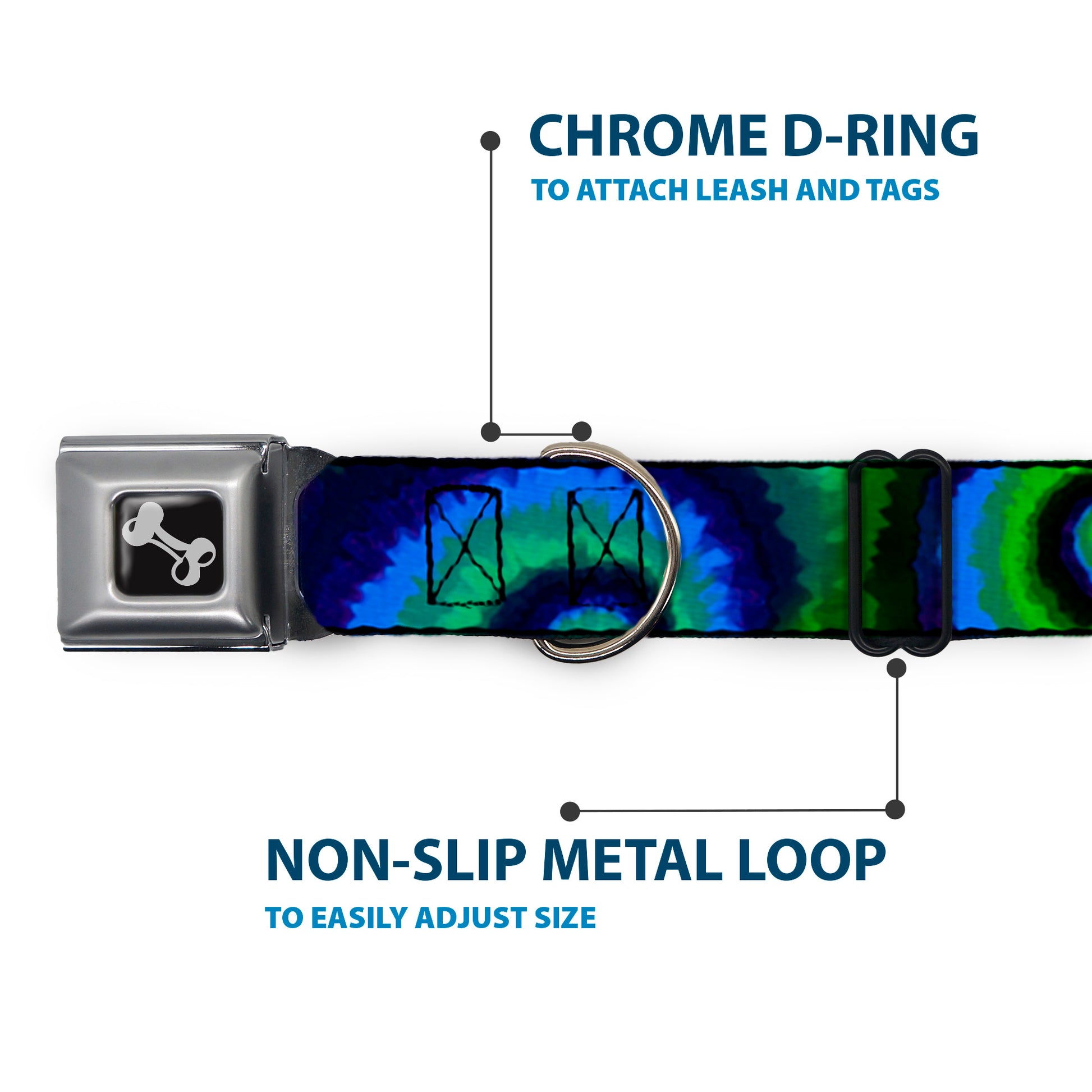 Dog Bone Seatbelt Buckle Collar - Tie Dye Swirl Green/Blue/Purple Seatbelt Buckle Collars Buckle-Down