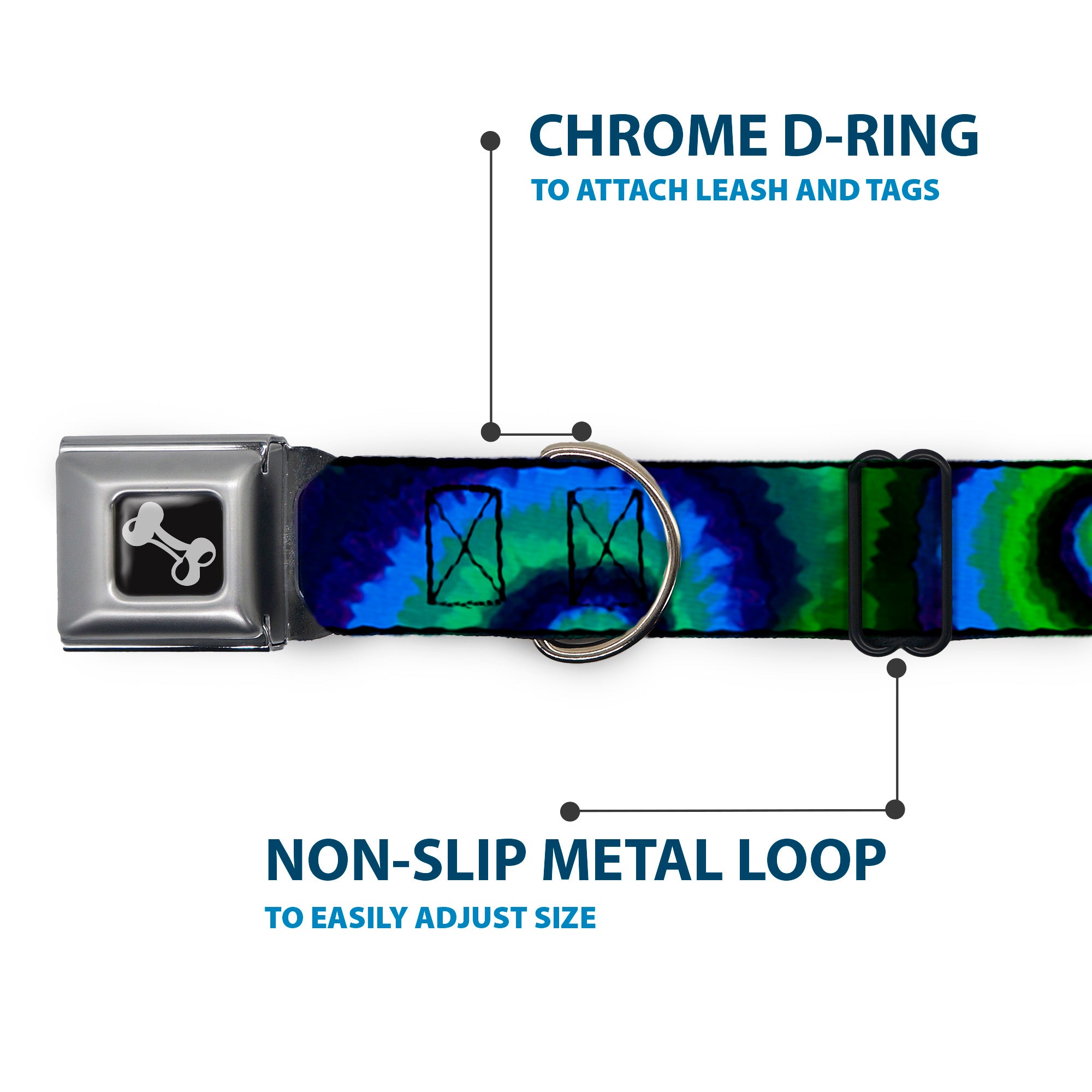 Dog Bone Seatbelt Buckle Collar - Tie Dye Swirl Green/Blue/Purple Seatbelt Buckle Collars Buckle-Down