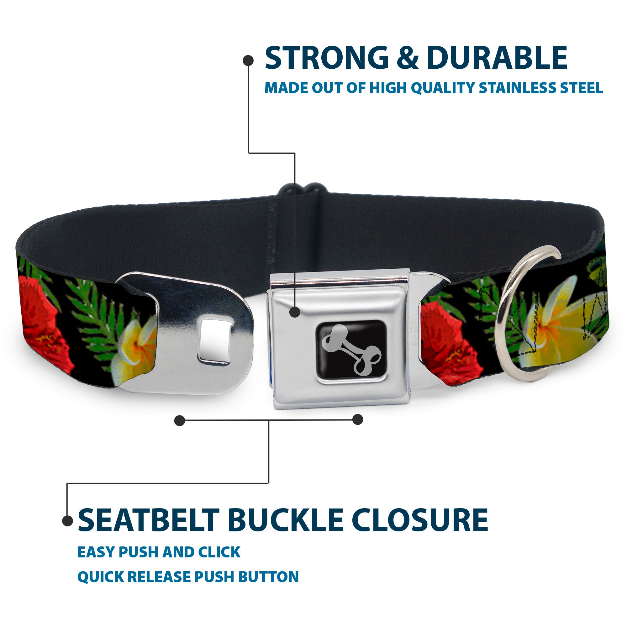 Dog Bone Seatbelt Buckle Collar - Tropical Floral Collage Black/Red/Orange Seatbelt Buckle Collars Buckle-Down