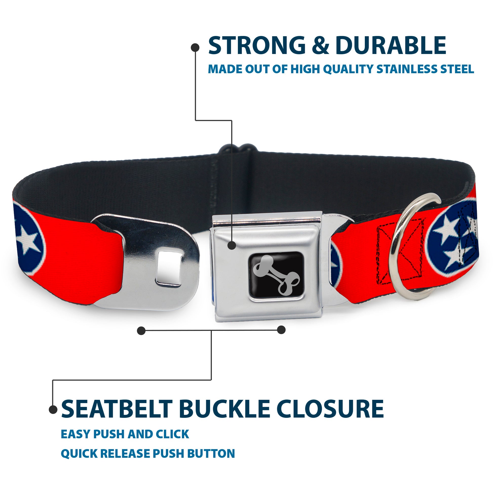 Dog Bone Seatbelt Buckle Collar - Tennessee Flag Stars Red/White/Blue Seatbelt Buckle Collars Buckle-Down