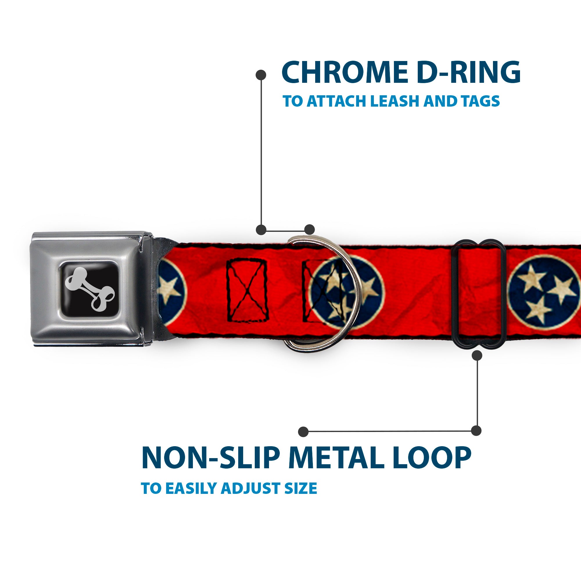 Dog Bone Seatbelt Buckle Collar - Tennessee Flag Stars CLOSE-UP Distressed Seatbelt Buckle Collars Buckle-Down