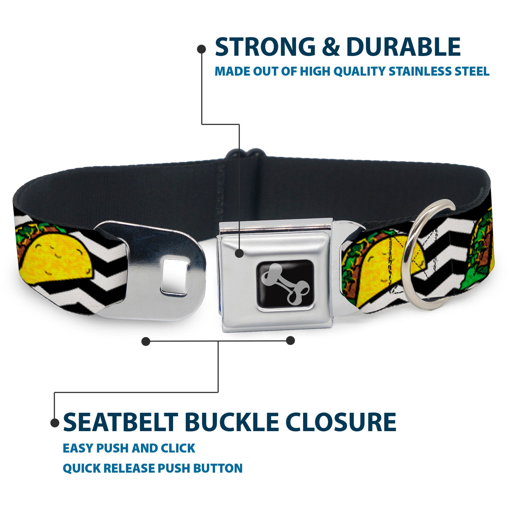 Dog Bone Seatbelt Buckle Collar - Taco/Chevron Black/White Seatbelt Buckle Collars Buckle-Down