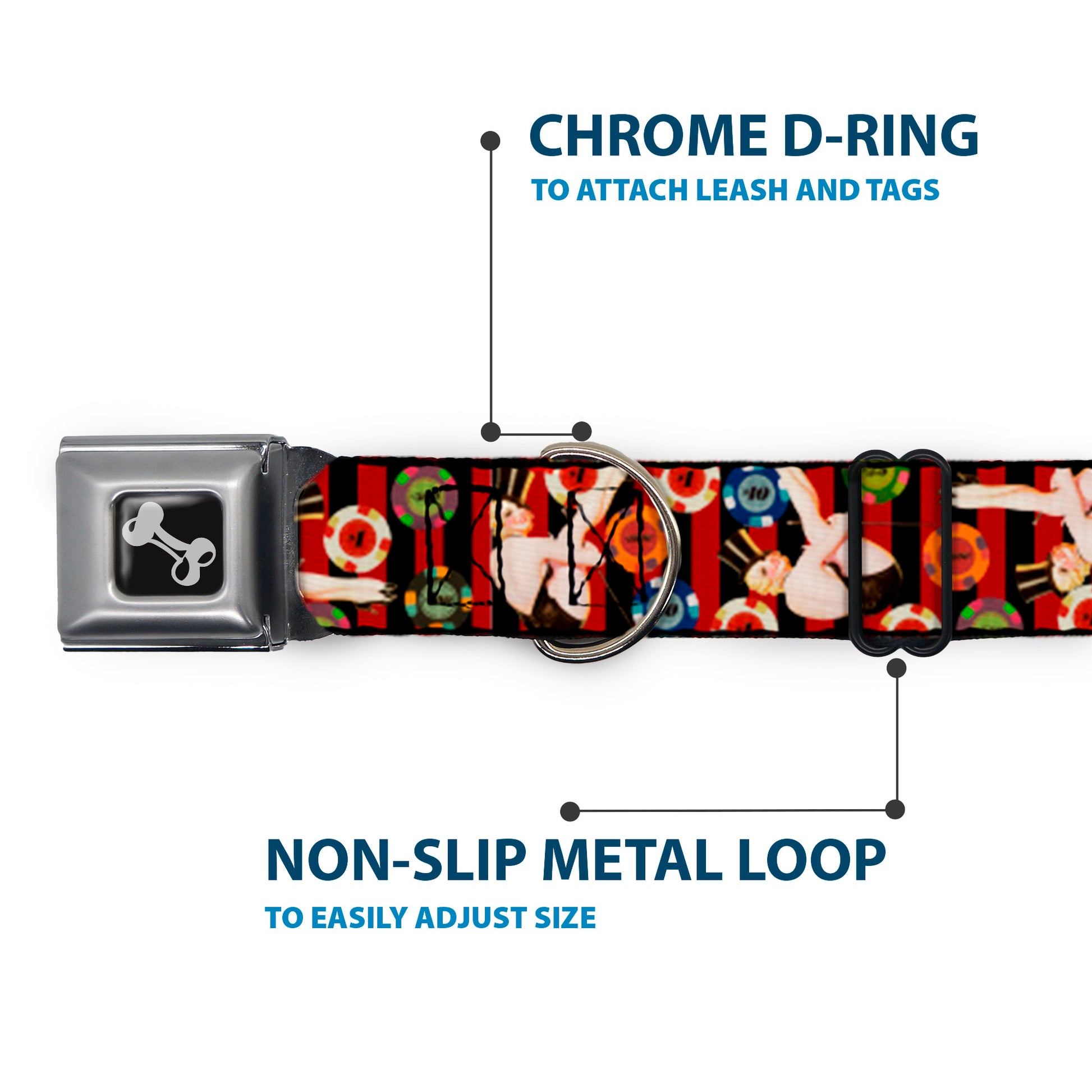 Dog Bone Seatbelt Buckle Collar - Top Hat Pin Up Girl/Poker Chips Vertical Stripes Red/Black Seatbelt Buckle Collars Buckle-Down