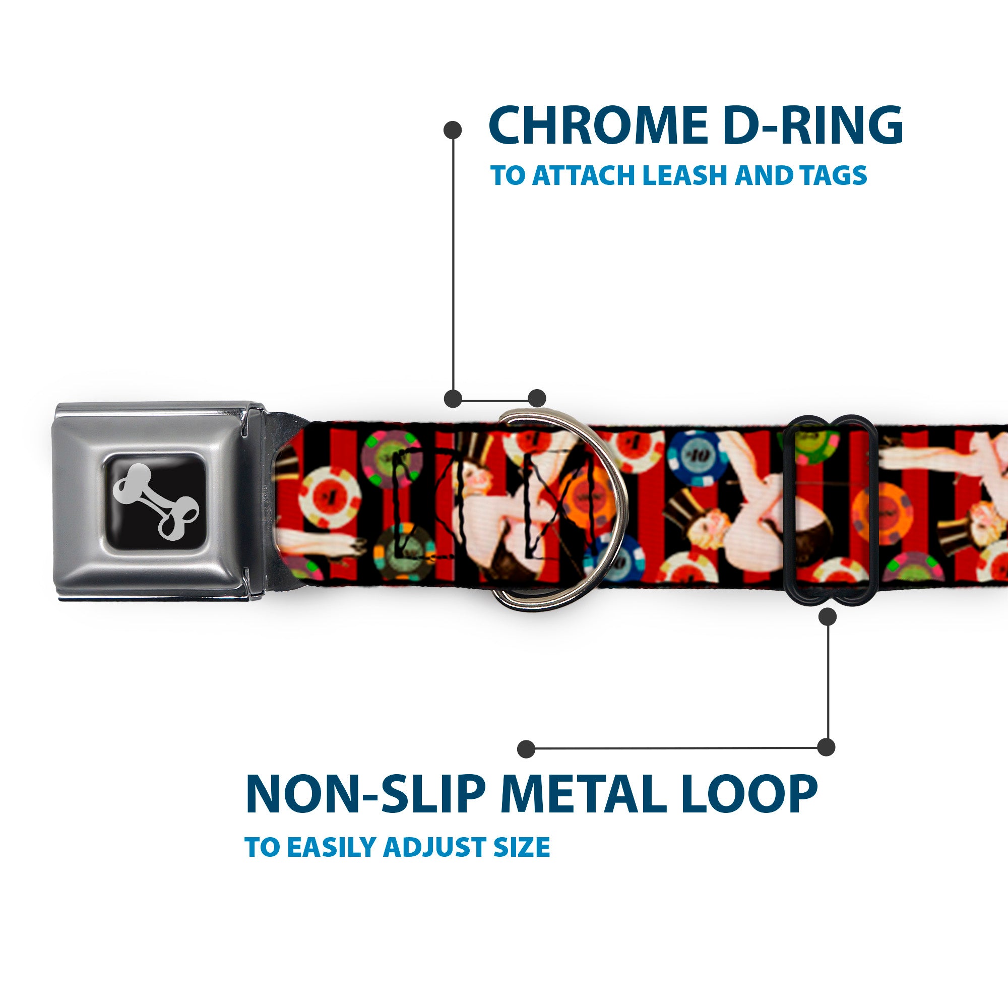 Dog Bone Seatbelt Buckle Collar - Top Hat Pin Up Girl/Poker Chips Vertical Stripes Red/Black Seatbelt Buckle Collars Buckle-Down