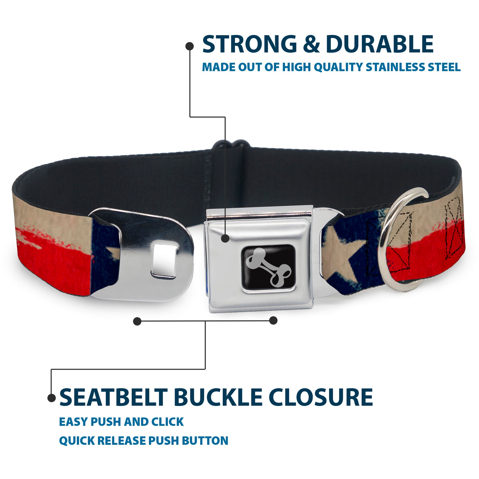 Dog Bone Seatbelt Buckle Collar - Texas Flag CLOSE-UP Distressed Painting Seatbelt Buckle Collars Buckle-Down