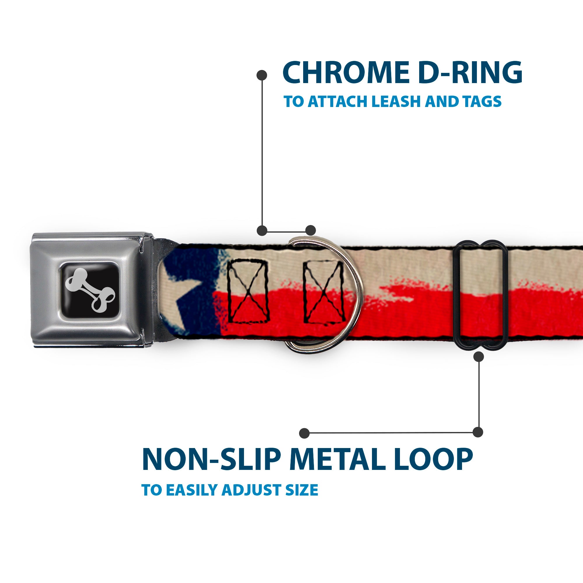 Dog Bone Seatbelt Buckle Collar - Texas Flag CLOSE-UP Distressed Painting Seatbelt Buckle Collars Buckle-Down