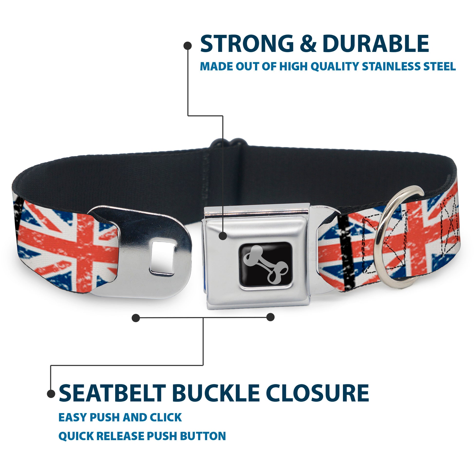 Dog Bone Seatbelt Buckle Collar - United Kingdom Flags Weathered Seatbelt Buckle Collars Buckle-Down