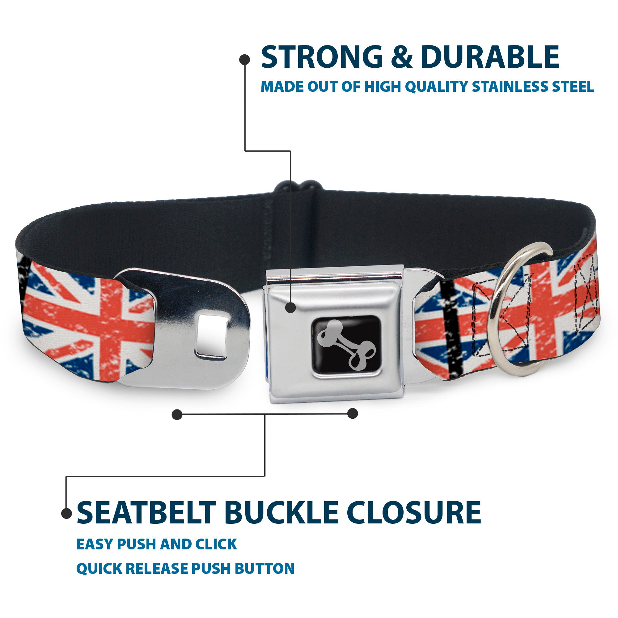 Dog Bone Seatbelt Buckle Collar - United Kingdom Flags Weathered Seatbelt Buckle Collars Buckle-Down