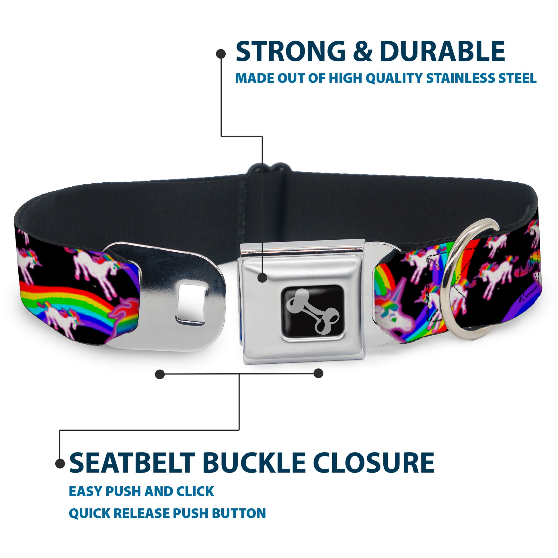 Dog Bone Seatbelt Buckle Collar - Unicorns/Rainbow Swirl Black Seatbelt Buckle Collars Buckle-Down